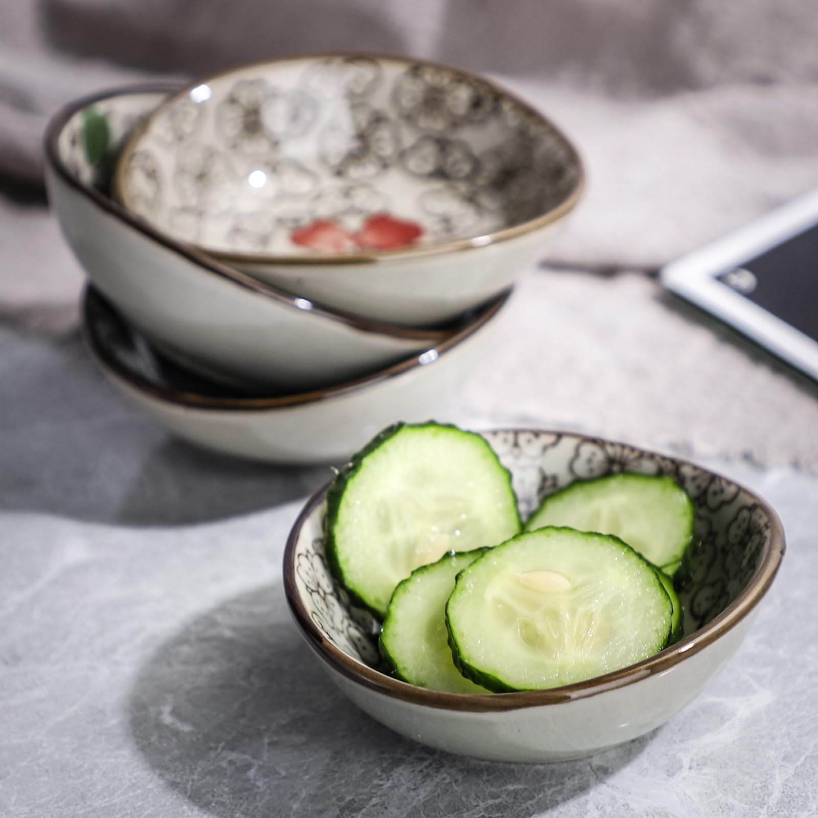 Premium Japanese Style Ceramic Dipping Sauce Bowls - Set of 4 Small Dishes for Soy Sauce, Ketchup, BBQ & Seasoning - Perfect for Sushi, Dumplings, Appetizers & Party Snacks