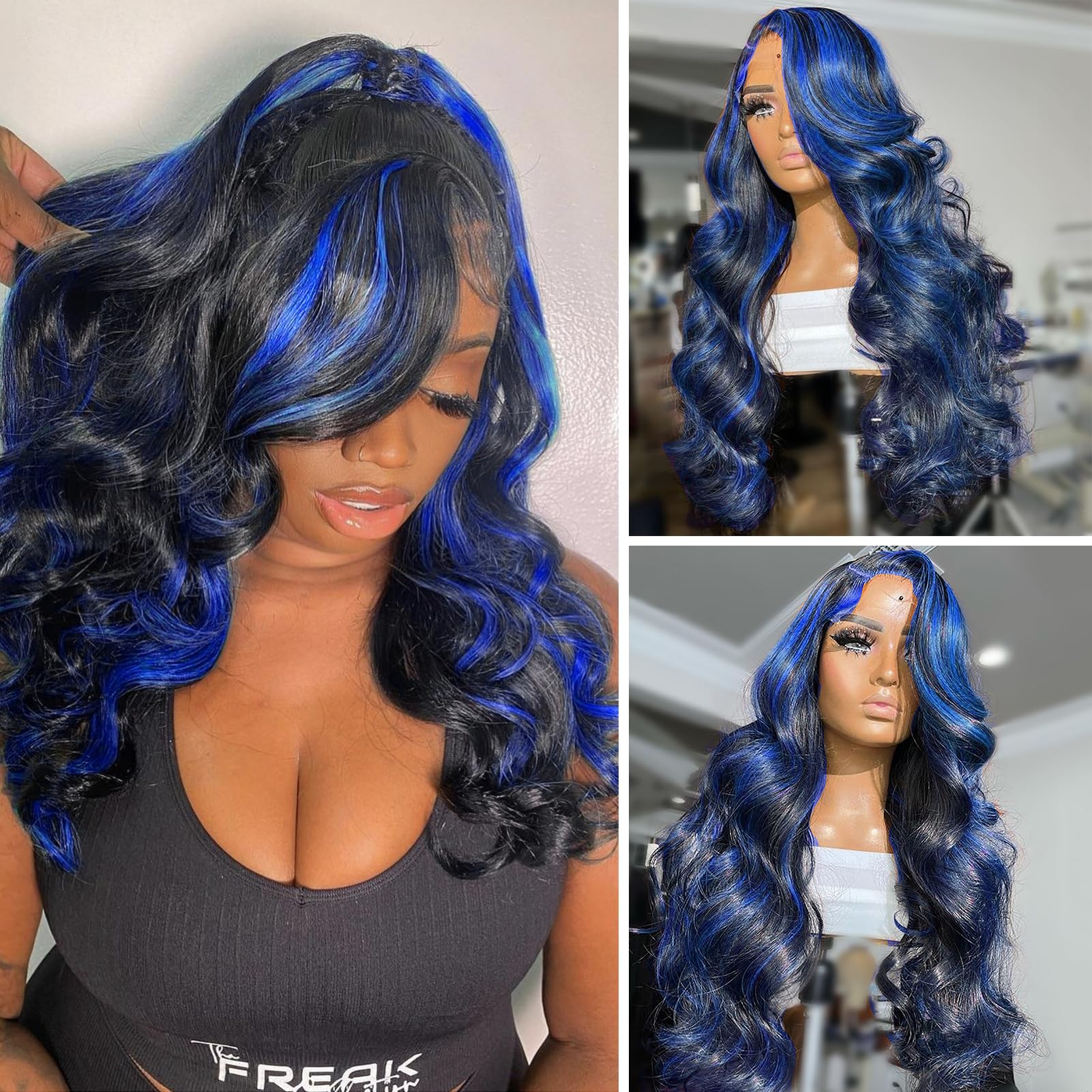 BLG 20 Inch Blue Lace Front Wigs Human Hair - 180% Density Highlighted Pre-Plucked Skunk Stripe Wigs for Women | Glueless Colored Human Hair Lace Wig | Perfect for Cosplay, Parties & Fashion Styling