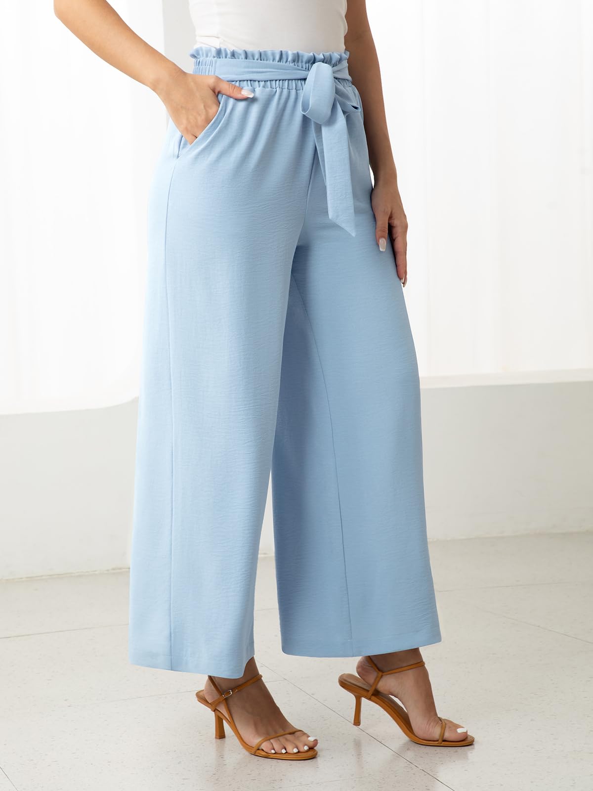 Women's High Waisted Wide Leg Lounge Pants - Soft Stretchy Business Casual Trousers with Adjustable Tie & Pockets | Perfect for Work, Office, Home & Travel