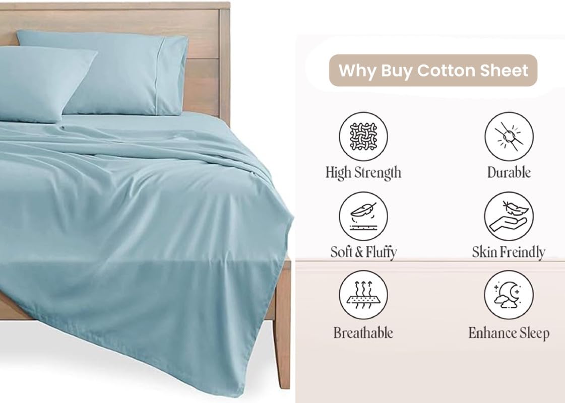 600 Thread Count Percale Cotton Sheets for Twin Size Bed - Soft, Breathable & Durable Deep Pocket Twin Sheets Set (Fits Mattress Up to 15