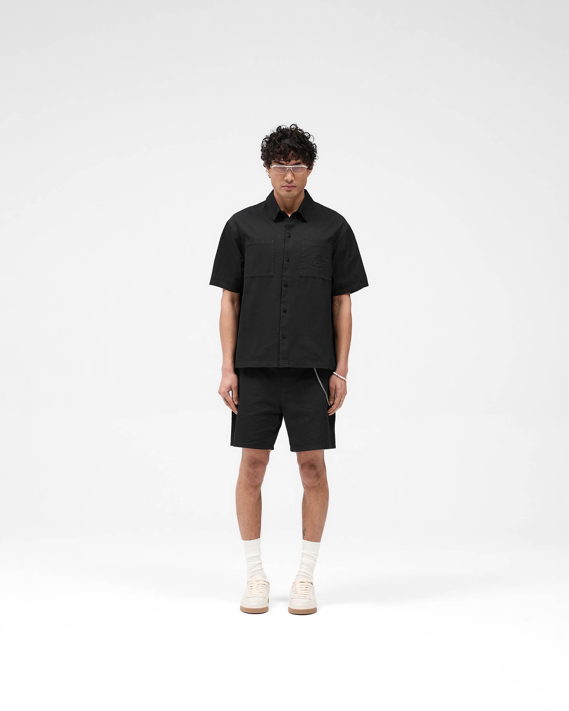Men's Short Sleeve Cotton Overshirt - Washed Black Casual Shirt for Spring & Summer | Lightweight Layering Piece for Outdoor Activities and Streetwear Fashion