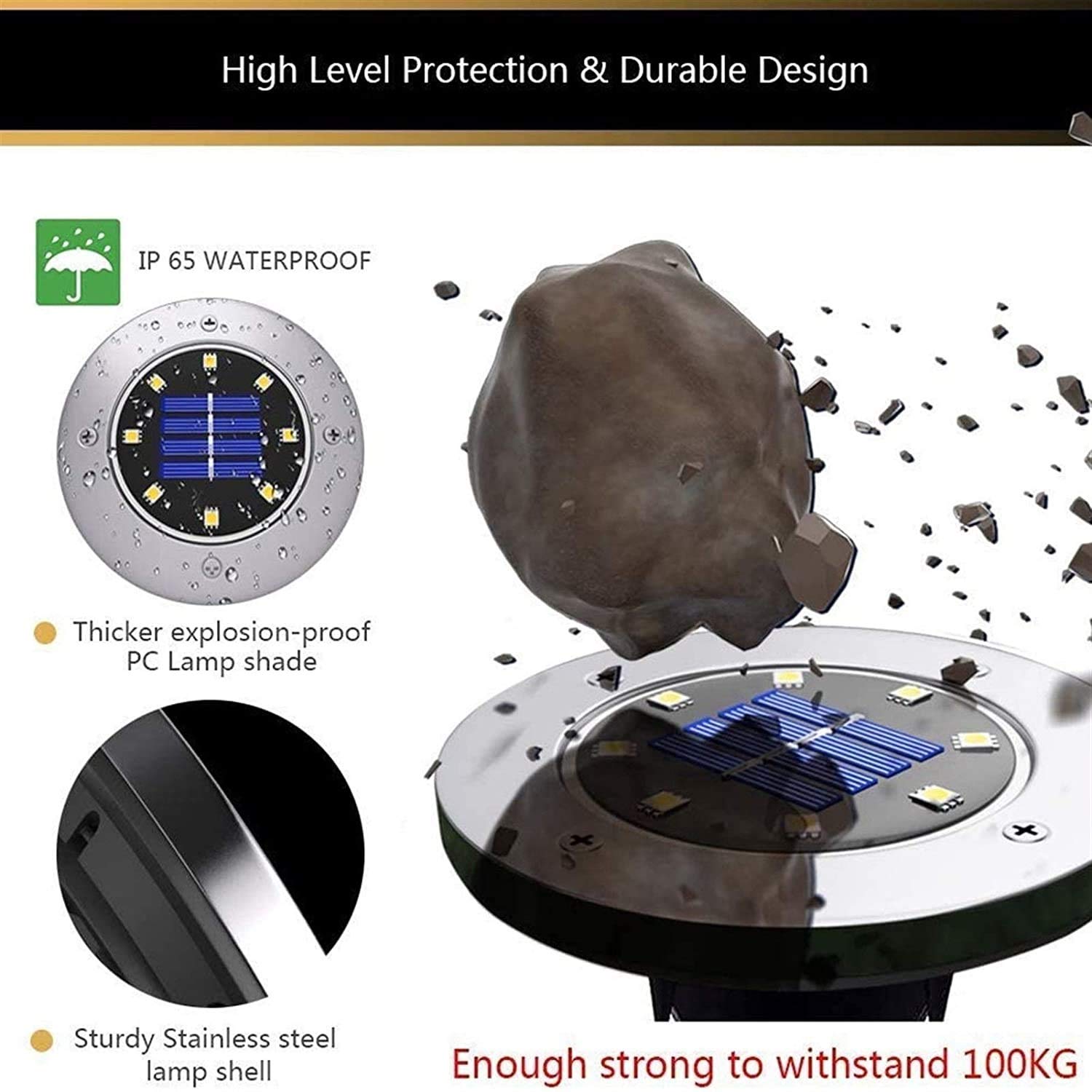 8 LED Solar Powered Ground Lights Outdoor - Stainless Steel Solar Garden Lights for Landscape, Walkway, Lawn, Steps & Deck Lighting | Weatherproof In-Ground Solar Lights for Pathway, Yard & Garden Decoration