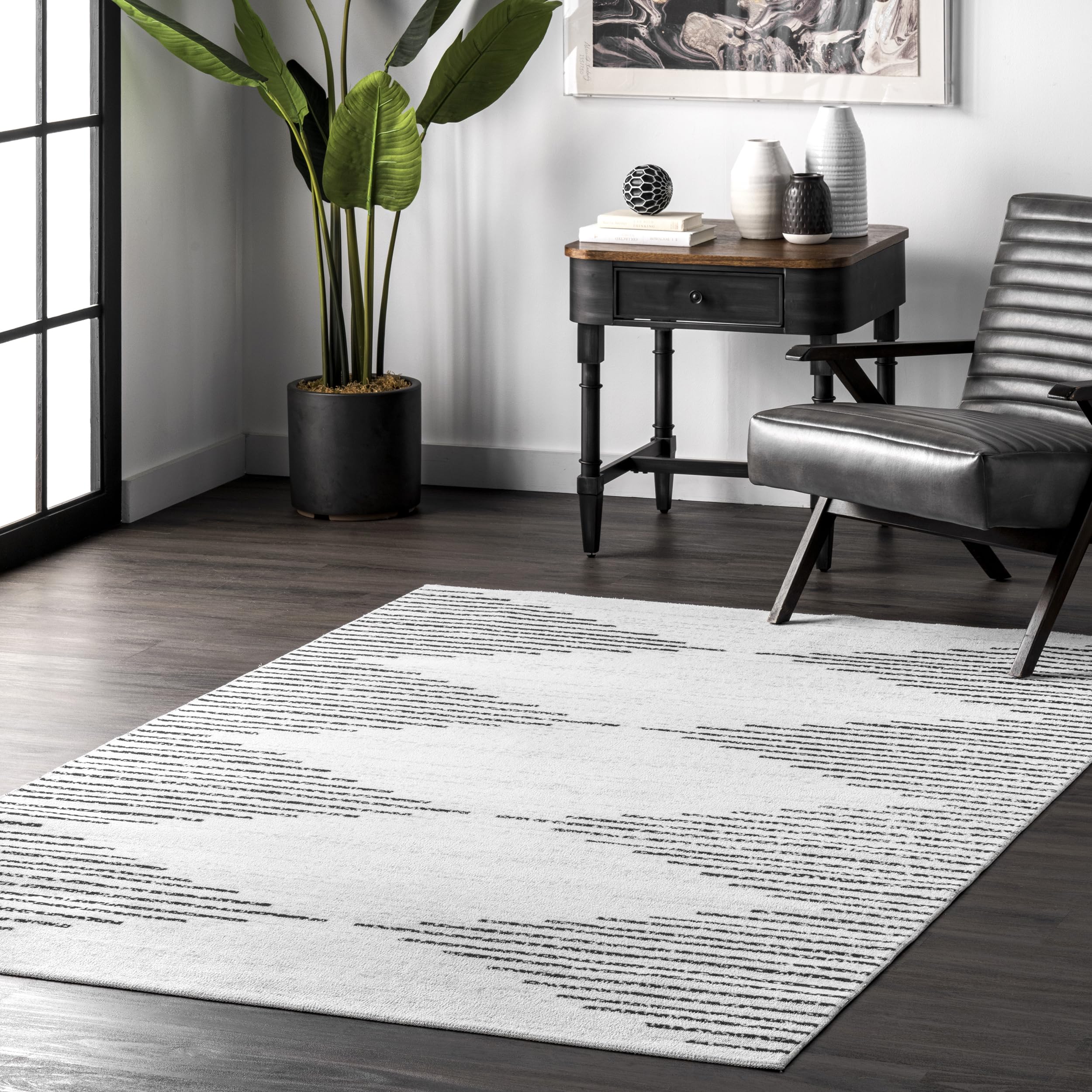 nuLOOM 6' x 9' SpinClean Machine Washable Stain-Resistant Area Rug with Non-Slip Backing - Low Profile Soft Living Room, Bedroom & Dining Room Carpet - Romina White - Perfect for High Traffic Areas & Pet-Friendly Homes