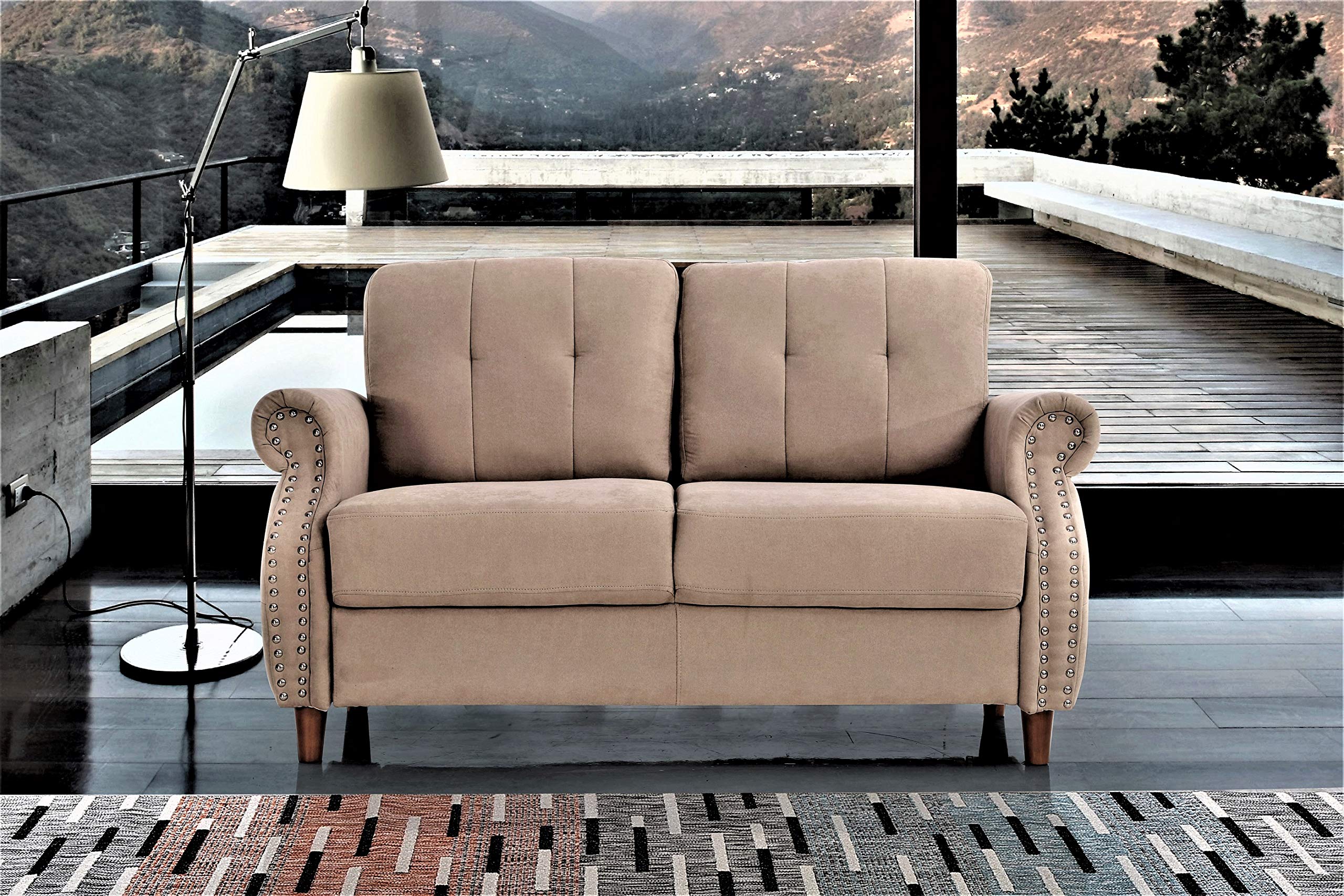 Briscoe Ultra Modern Upholstered Button Tufted Loveseat with Rolled Arms - Coffee Brown Sofa for Living Room | Perfect for Small Spaces, Apartments & Cozy Home Decor