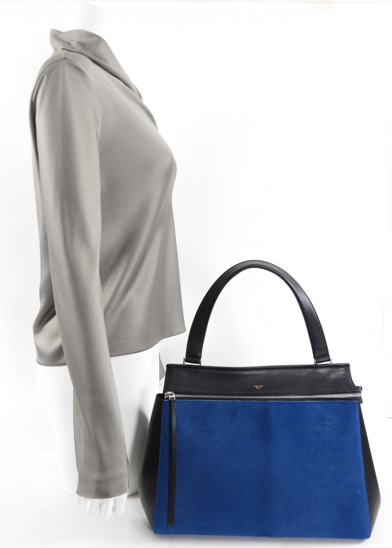 Celine Blue Pony Hair & Black Leather Trim Shoulder Bag - Luxury Crossbody Purse for Women, Perfect for Evening Parties & Date Nights