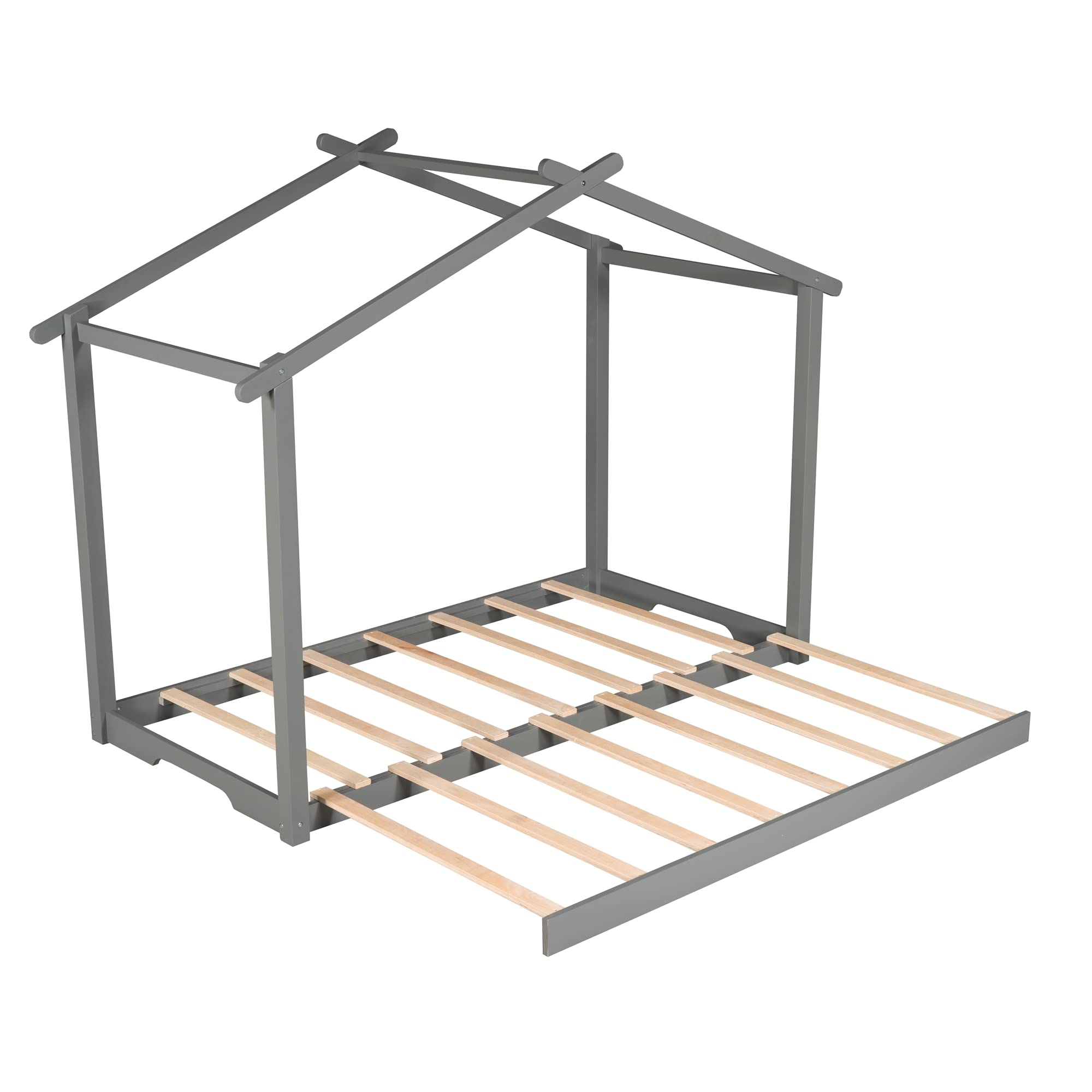RUNNA Solid Wood Daybed Twin to King Size Convertible Bed with Trundle - House Shaped Platform Bed for Kids & Adults - Includes Wood Slats & Floor Bed Tent - Perfect for Bedroom, Living Room, Guest Room (Gray+Wood+King) - Great for Sleepovers, Playtime & Space Saving