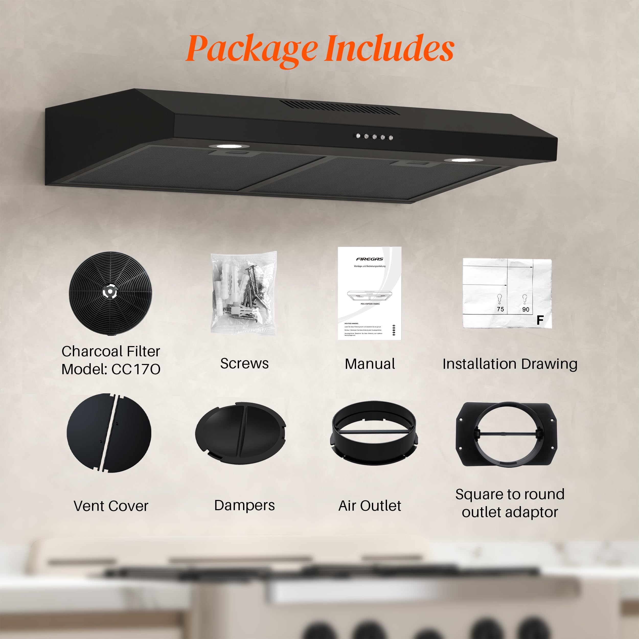 FIREGAS 30 Inch Black Under Cabinet Range Hood - 300 CFM Convertible Ducted/Ductless Kitchen Exhaust Fan with 3-Speed Brushless DC Motor & LED Lights - Perfect for Modern Kitchens, Apartments, and Small Spaces