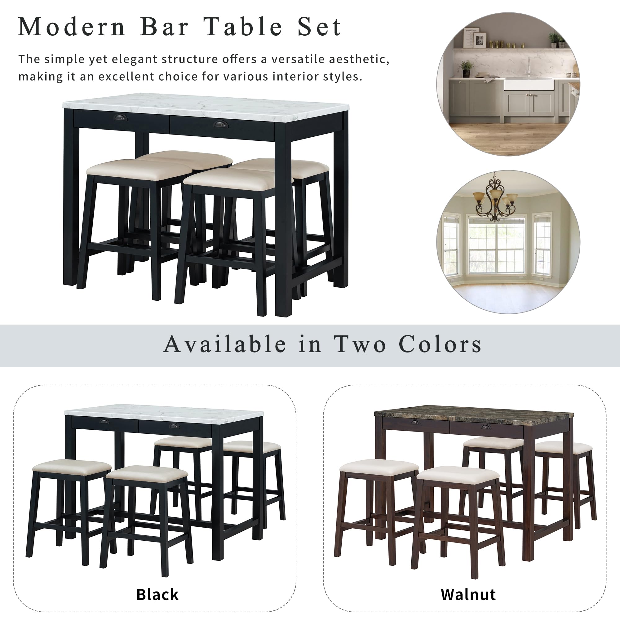P PURLOVE 5-Piece Dining Table Set with Storage Drawers, Faux Marble Kitchen Island & 4 Padded Stools - Space-Saving Breakfast Nook Set for Small Kitchens, Apartments & Dining Areas