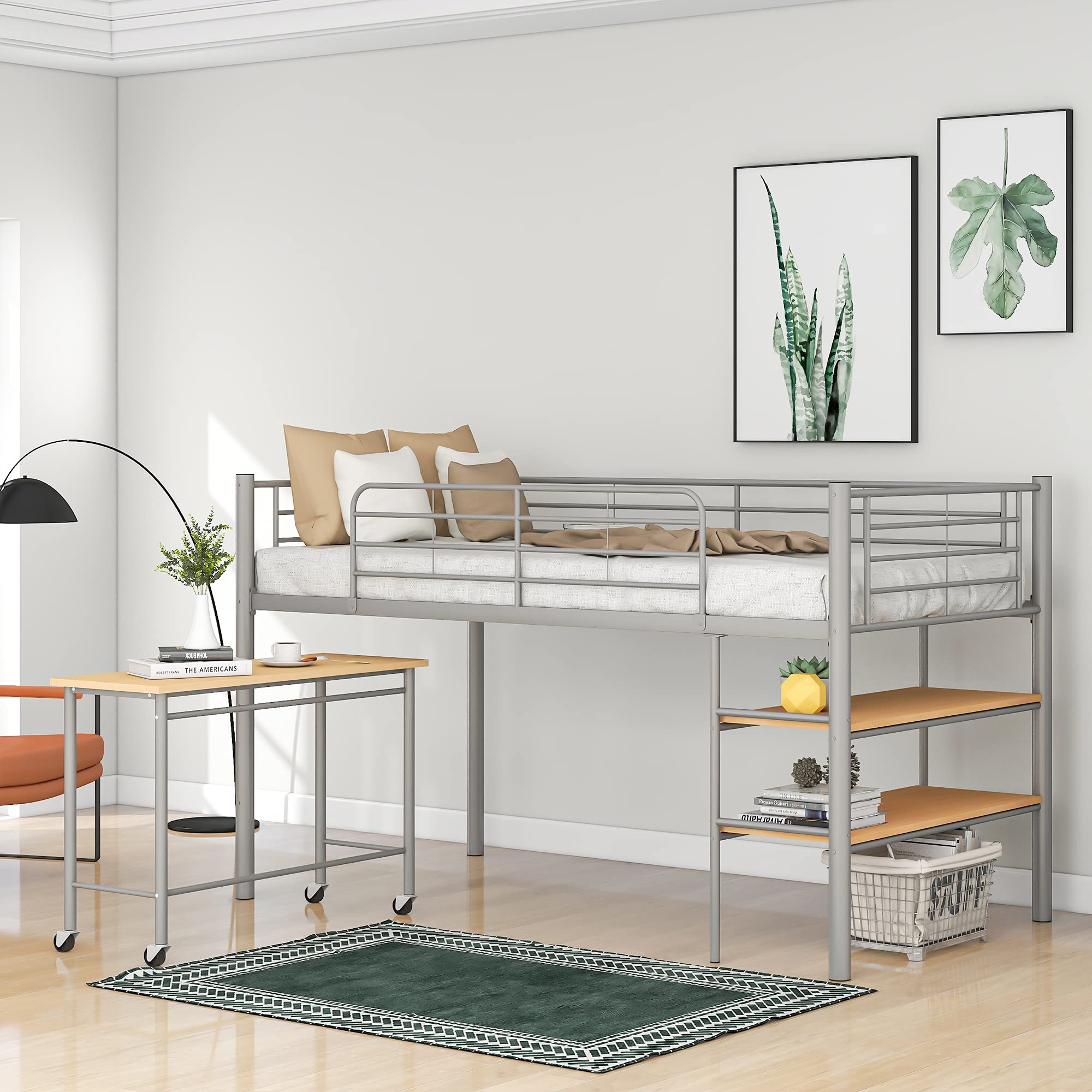 GAOWE Metal Twin Size Loft Bed with Desk & Storage Shelves - 3-in-1 Kids Loft Bed Frame with Full-Length Guardrail (Silver) | Space-Saving Study & Sleep Solution for Small Bedrooms
