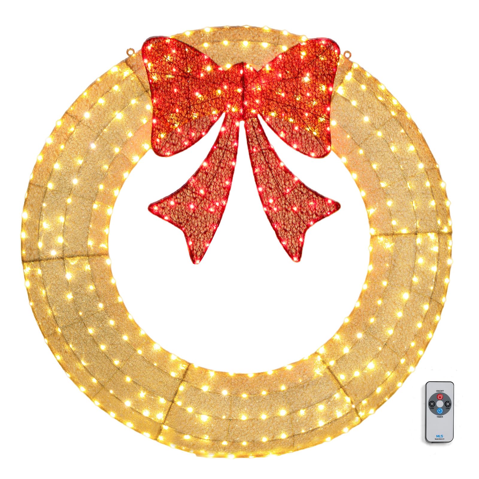 VINGLI 60 Inch Pre-lit Large Christmas Wreath with 400 LED Lights - Gold Holiday Decor with Red Bow, Timer & Remote Control - Outdoor Christmas Wreath for Garage Door, Porch & Holiday Decorations
