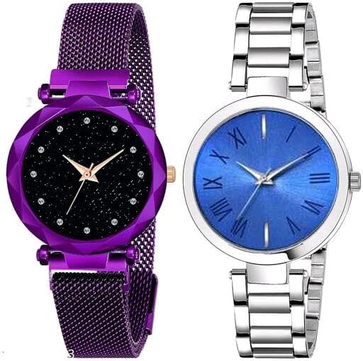 Analog Black Dial Magnet & Metal Strap Watch for Women & Girls - Fashionable & Adjustable (SR-699 AT-6991) - Pack of 2 - Perfect for Casual Wear, Office & Everyday Use