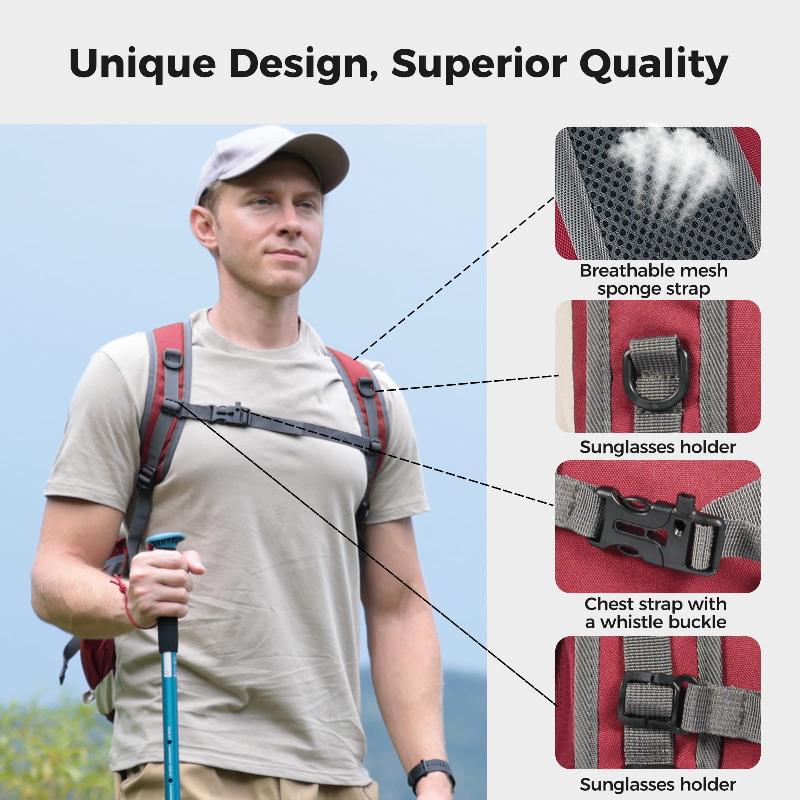40L Water Resistant Hiking Backpack - Ultra Lightweight Foldable Travel Backpack for Men & Women - Perfect for Camping, Day Trips and Outdoor Adventures (Beige/Red)