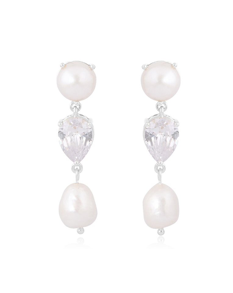 Elegant Wedding Earrings for Women - Modern Statement Pearl & Pear Crystal Drop Dangle Earrings by Celine Lola Knight | Perfect for Bridal, Prom, Evening Gala & Special Occasions