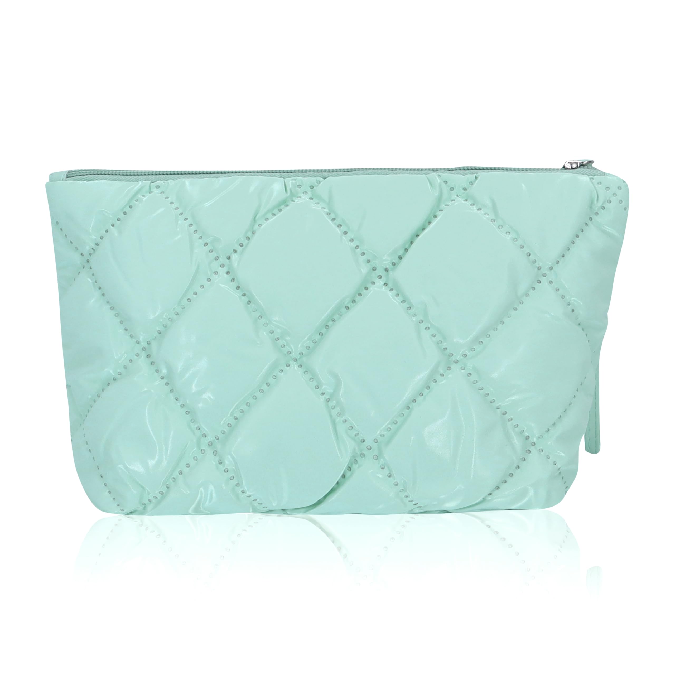 NFI Essentials Multipurpose Quilted Cosmetic Pouch for Women - Checkered Puffy Makeup Bag with Zipper, Portable Travel Toiletry Organizer with Handle | Perfect for Travel, Gym & Daily Essentials Storage