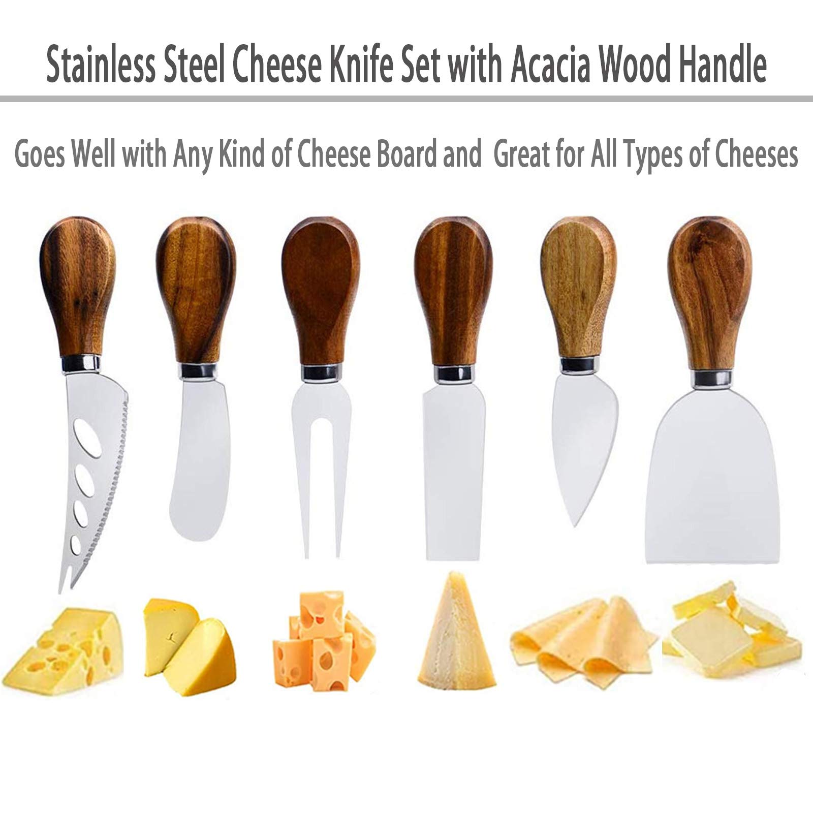 Premium 6-Piece Stainless Steel Cheese Knife Set with Slicer, Cutter & Fork - Perfect for Charcuterie Boards, Wine Pairings & Gourmet Cheese Tasting | Elegant Cutlery Gift Set for Cheese Lovers & Entertaining