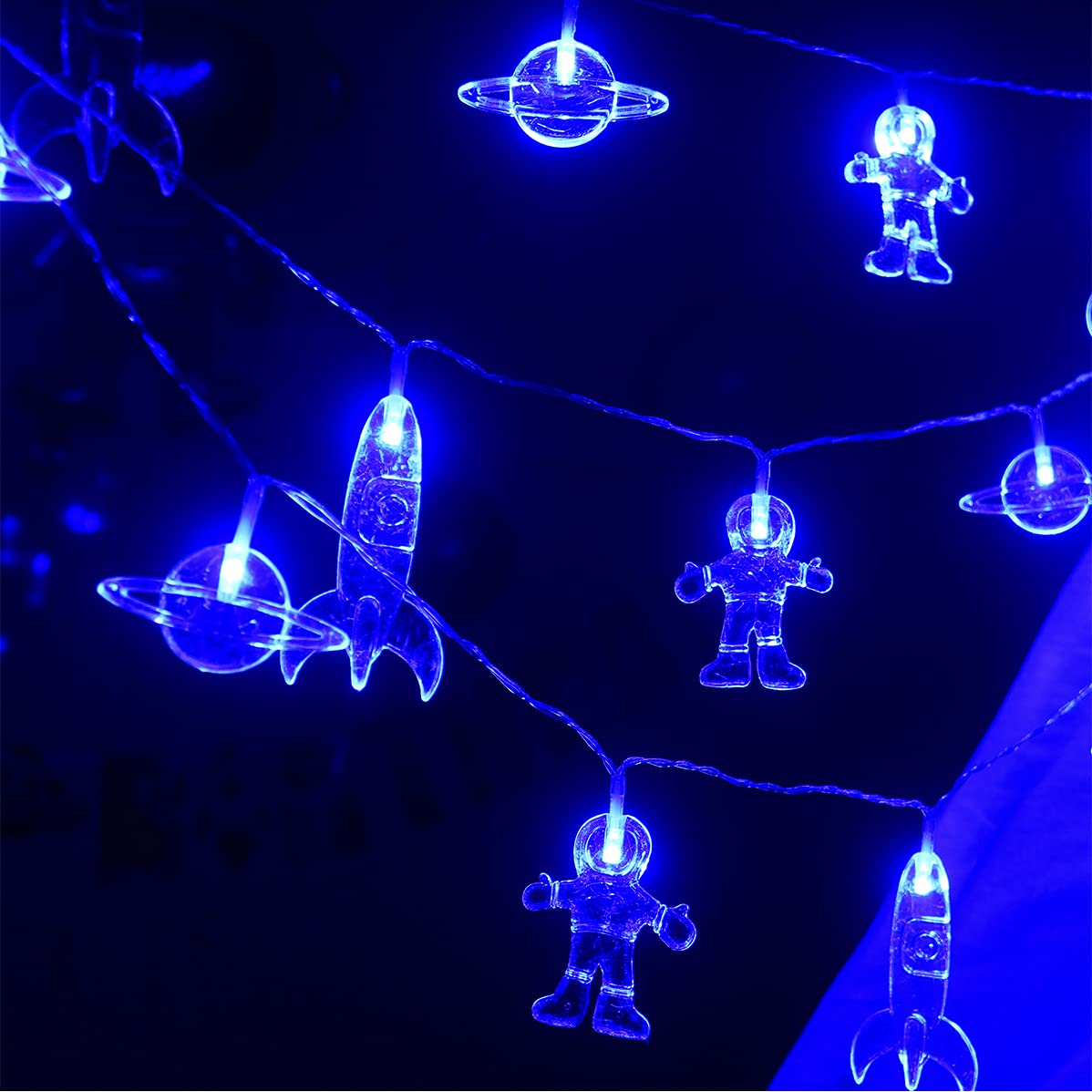 20 LED 11 FT Waterproof Rocket Spaceship Astronaut String Lights with Remote Control - 8 Lighting Modes, Battery Operated for Kids Bedroom, Tent, Birthday Party & Nursery Decor (Blue) - Perfect for Children's Room Lighting, Sleep Aid and Themed Party Decorations