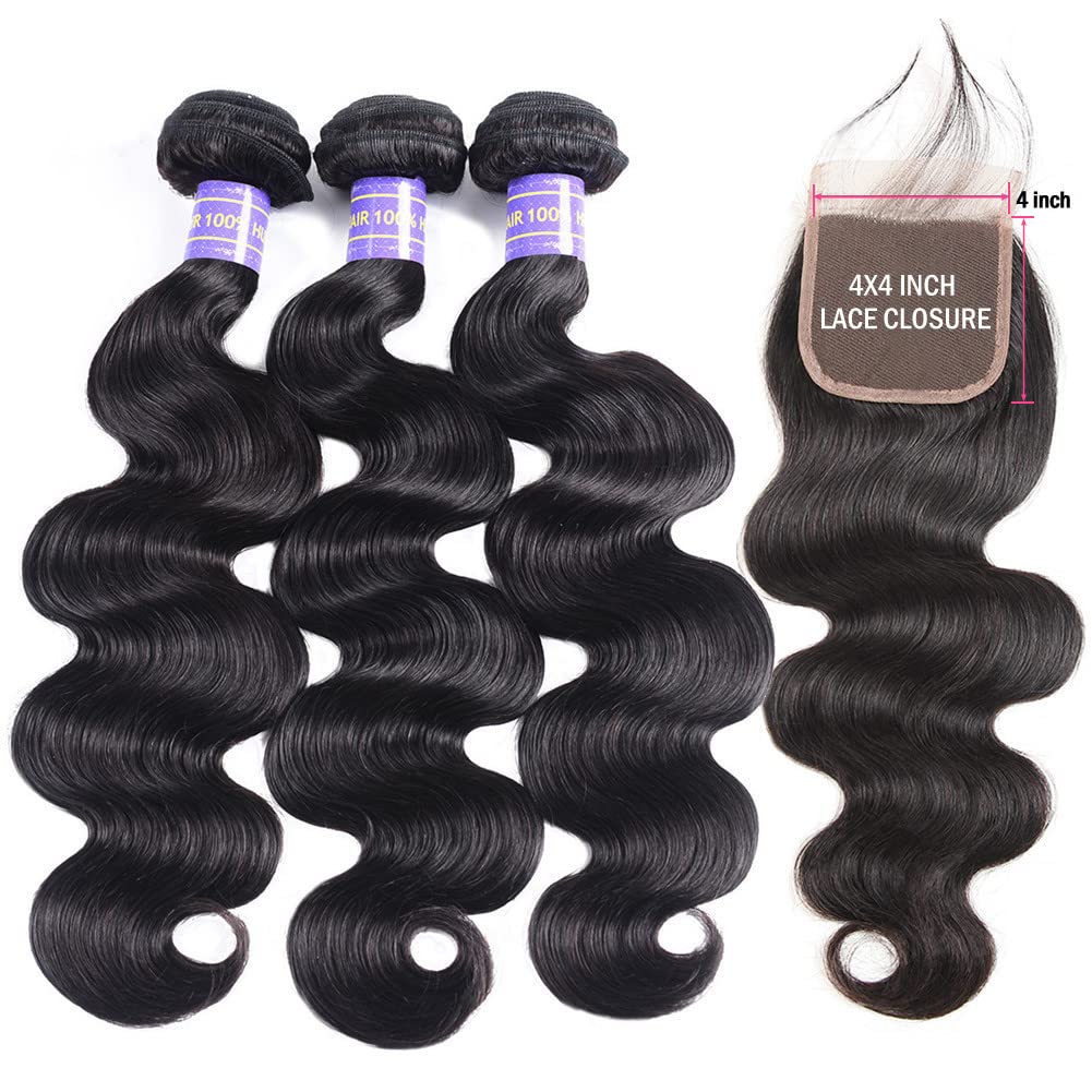 100% Brazilian Virgin Human Hair Bundles with Lace Closure - Body Wave Weave (16