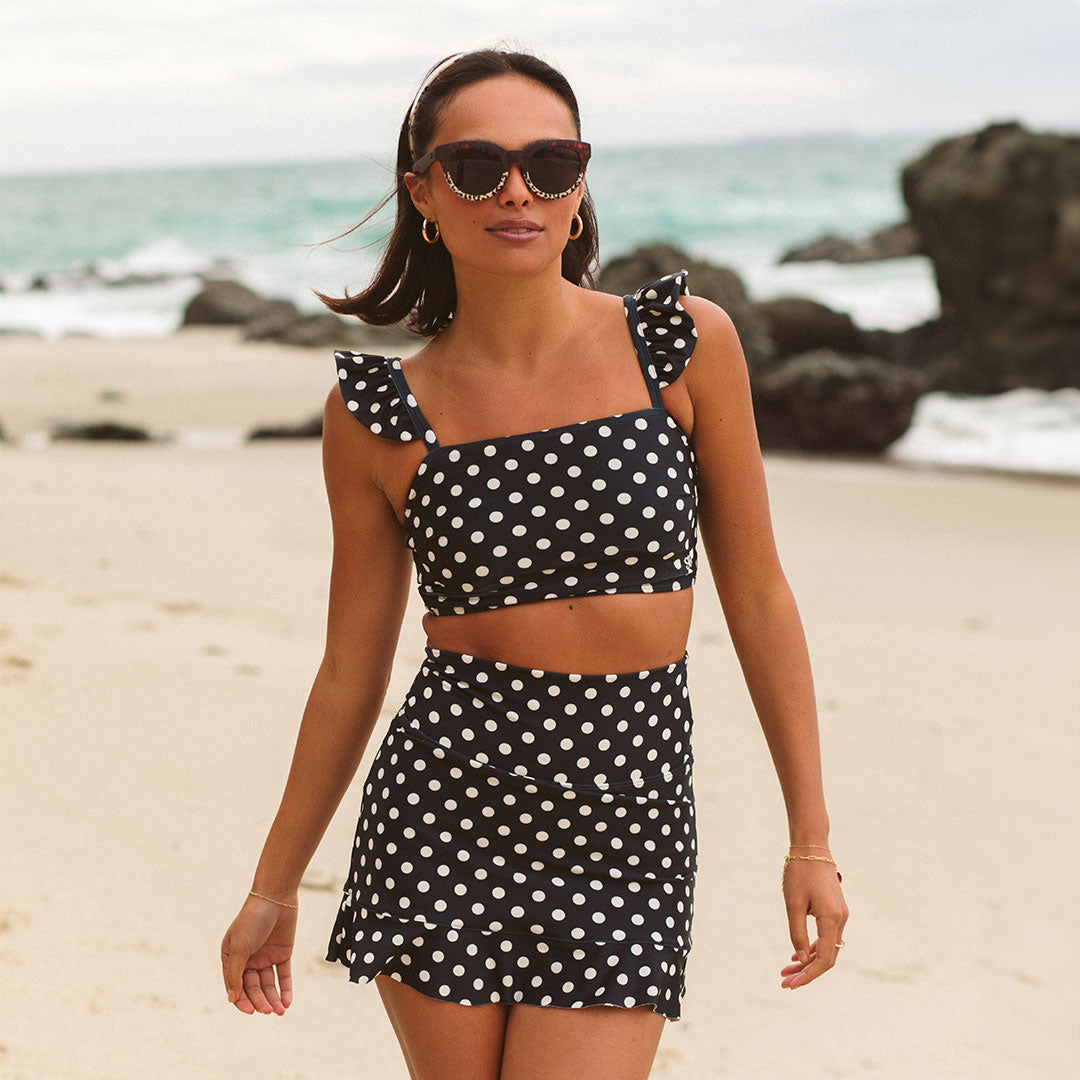 Black Polka Dot High Waisted Swim Skirt - Women's Retro Bathing Suit Bottom with Lining | Perfect for Beach, Pool & Vacation Wear