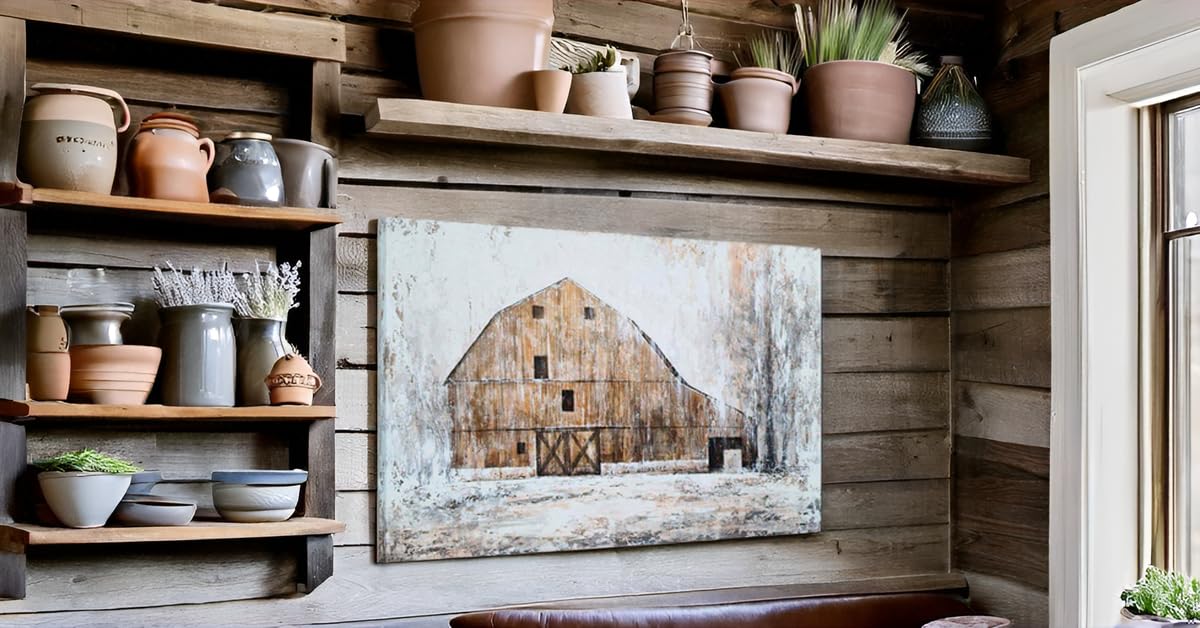 Hand Painted Rustic Barn Canvas Wall Art - Modern Abstract Farmhouse Painting - Aesthetic Artwork for Living Room, Bedroom & Bathroom Decor - Perfect for Country Style Home & Office Interior Design