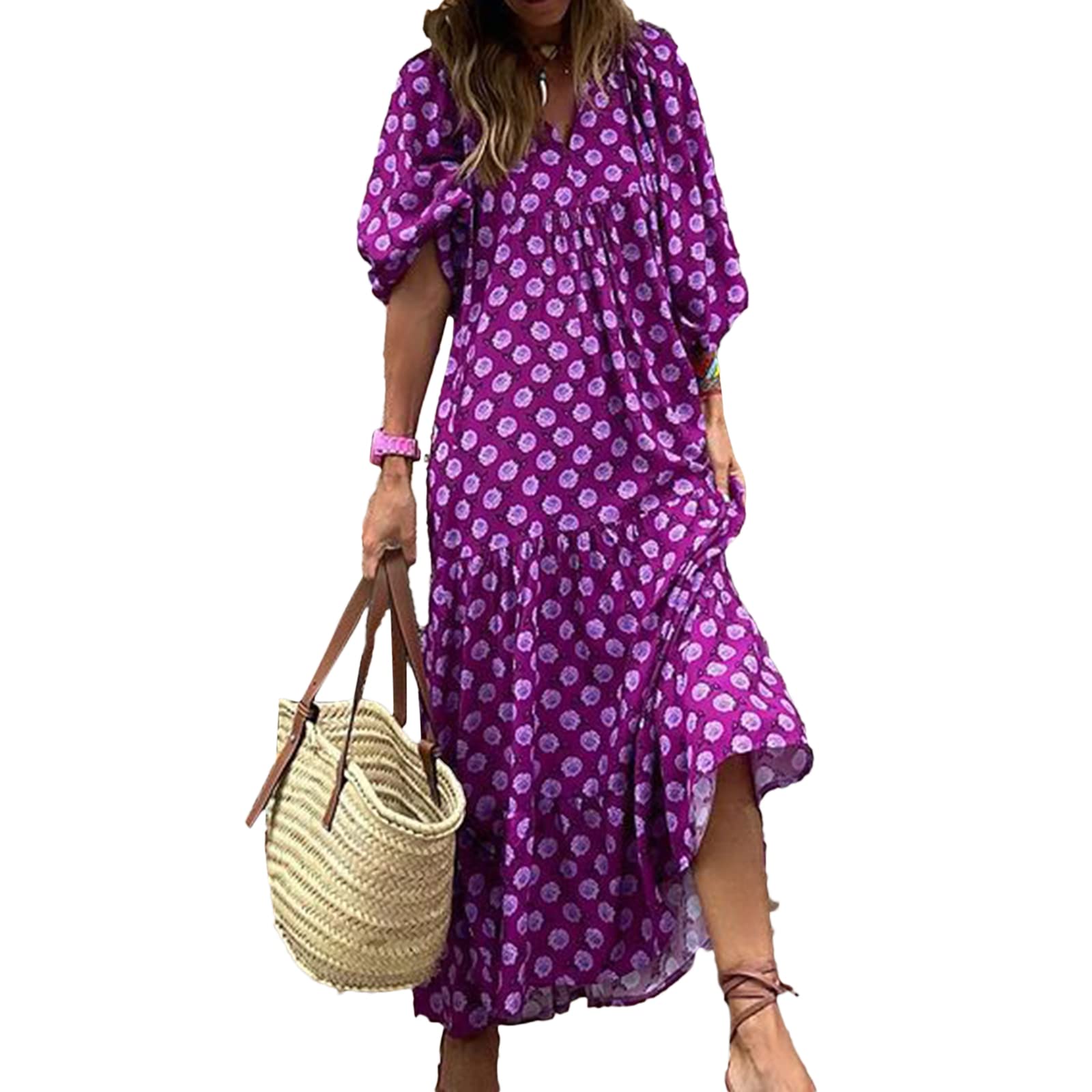 Women's Bohemian Floral Maxi Dress - Geometric Print Summer Beach Dress with V-Neck & Puff Long Sleeves | Loose Flowy Style for Vacations, Music Festivals & Outdoor Parties