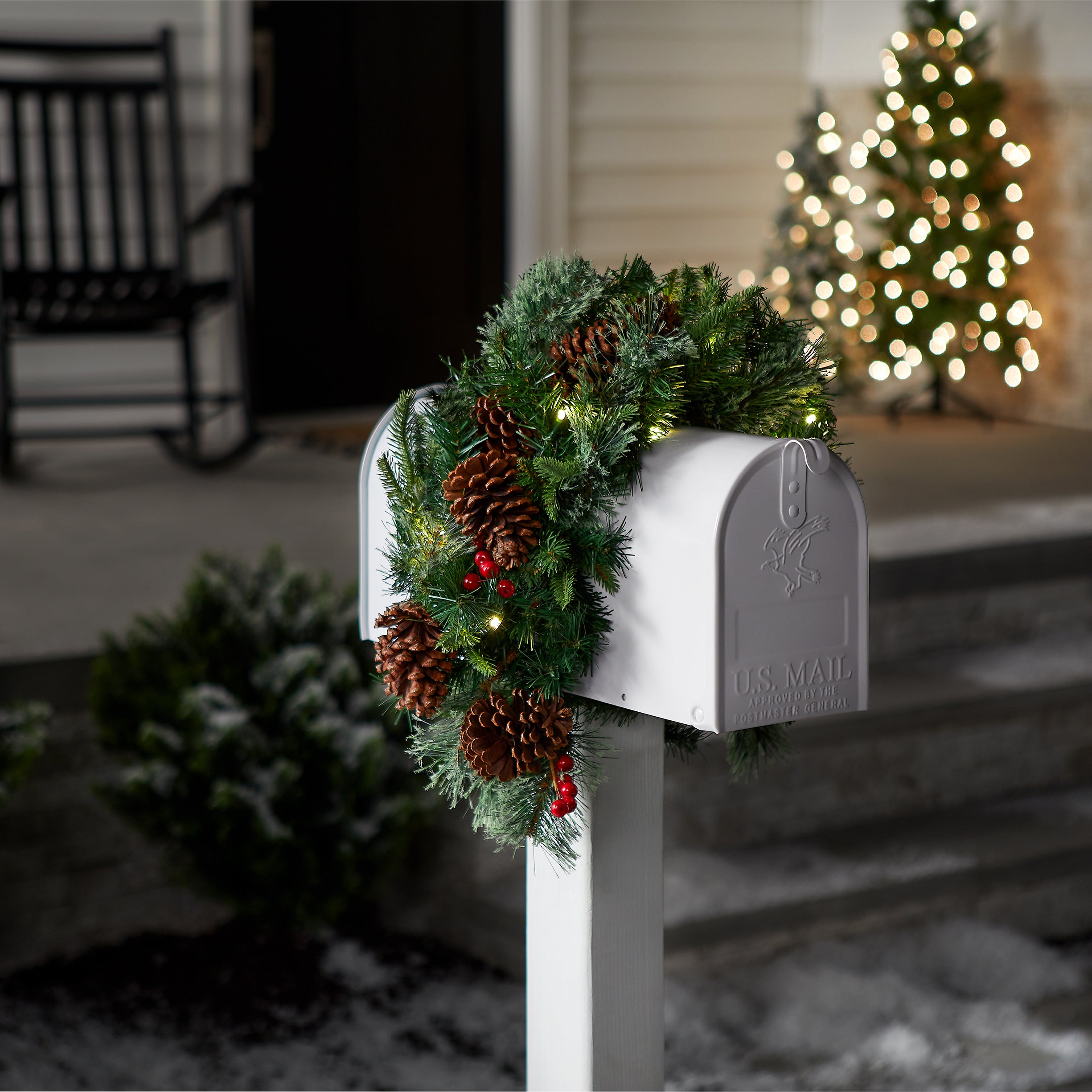 36 Inch Pre-Lit Colonial Fir Mailbox Swag with LED Lights - Outdoor Holiday Decoration for Christmas, Front Porch, and Entryway Decor