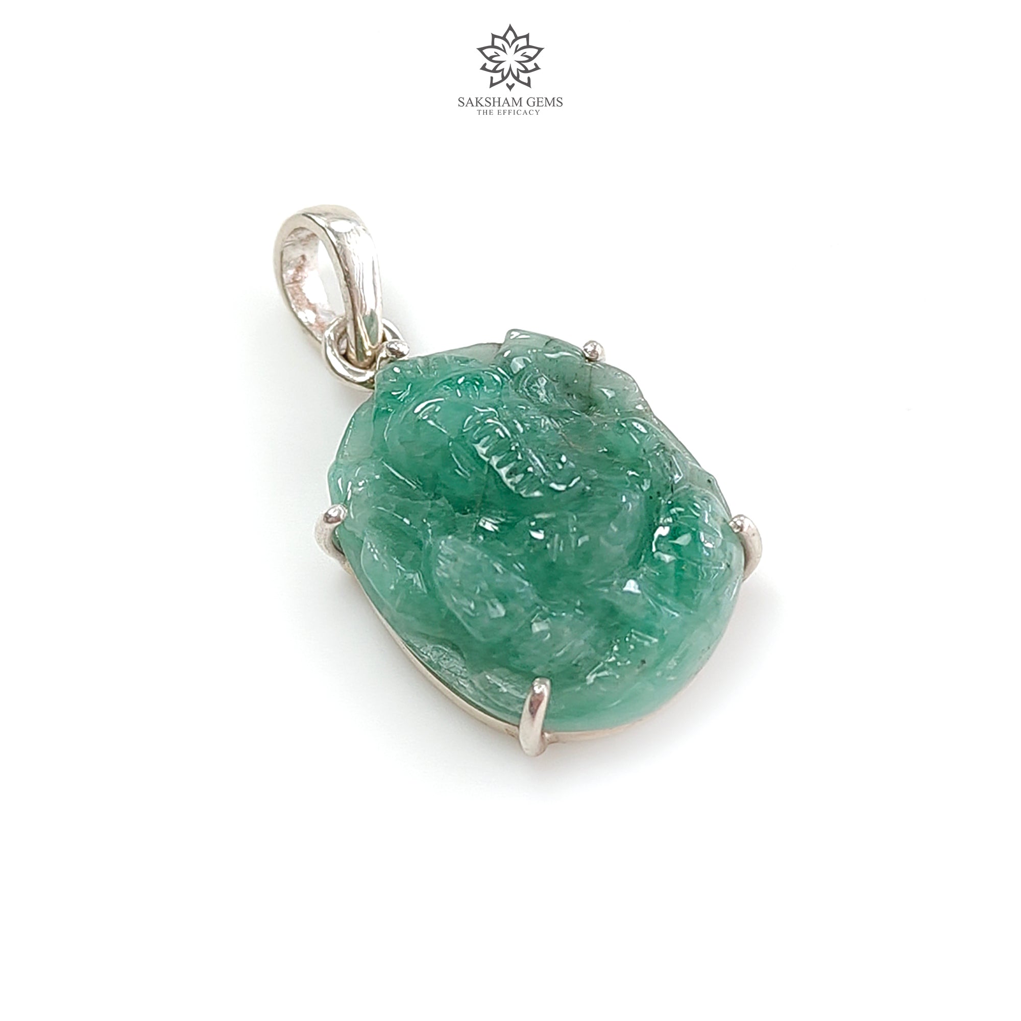 Natural Untreated Green Emerald Ganesha Pendant - 4.58gm 925 Sterling Silver Prong Set (1.25 Inch) | Spiritual Jewelry for Meditation, Yoga & Hindu Festivals