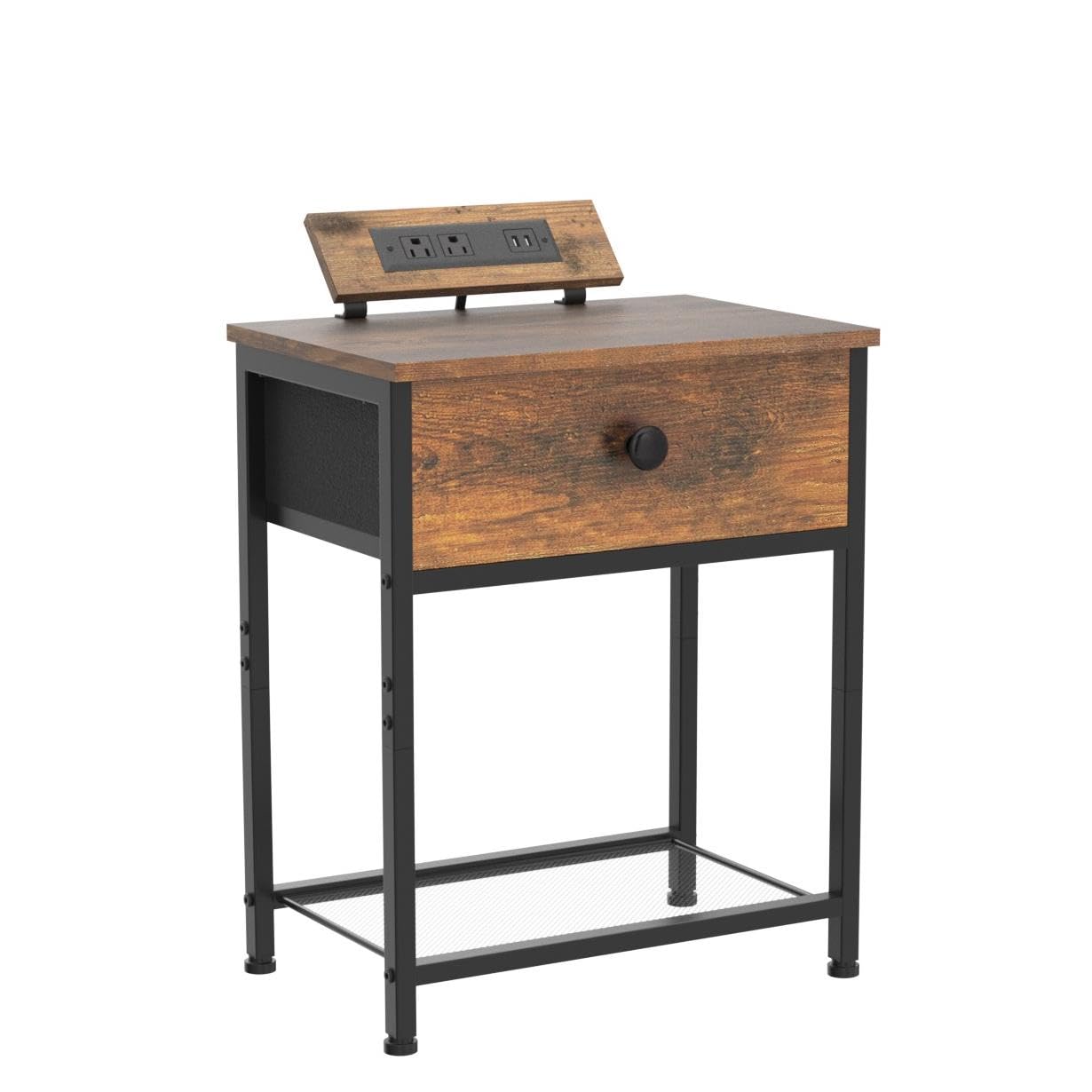 AMHANCIBLE Night Stand Set of 2 - Modern End Tables with Charging Station & Fabric Storage Drawer, Slim Bedside Tables for Small Spaces - Perfect for Bedroom, Living Room, or Office (Brown, HET03SDPBR)