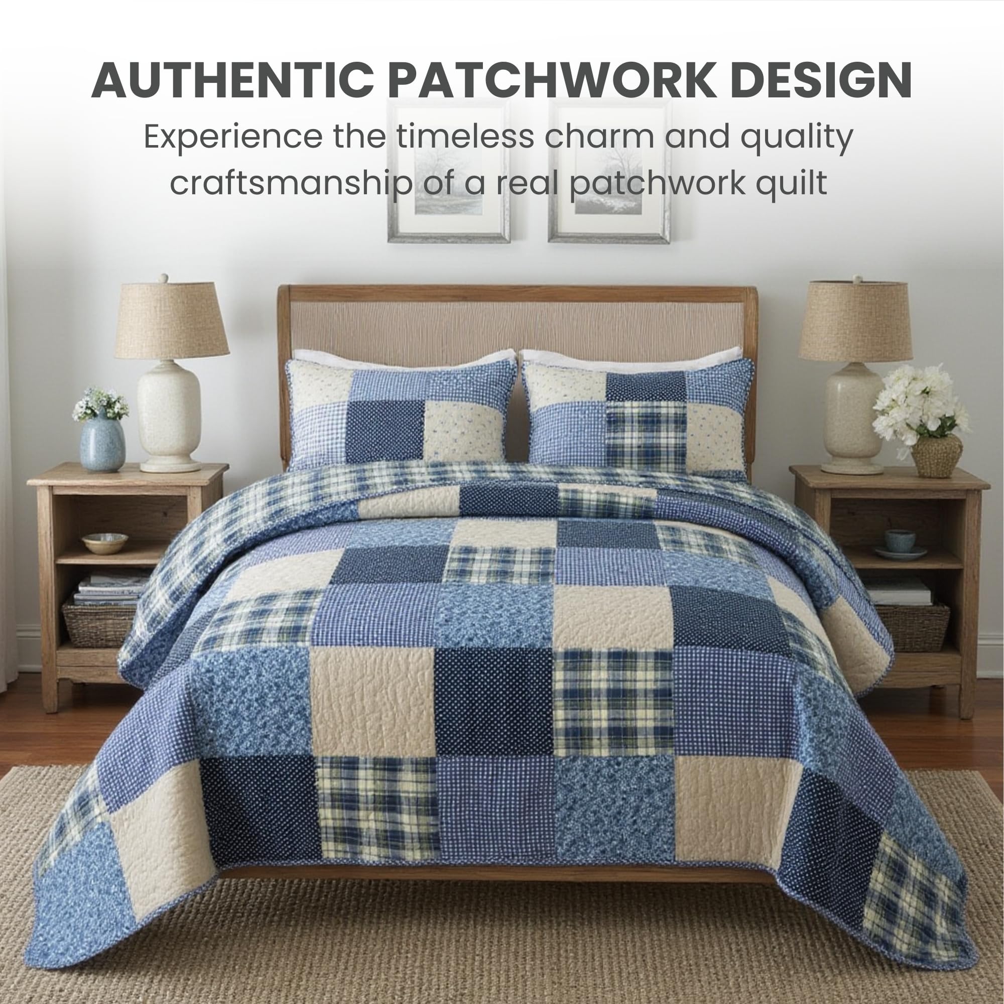 SLPR Blue Symphony Cotton Patchwork Quilt Set - Twin Size with 1 Sham | Farmhouse Style Checkered & Plaid Bedspread | Lightweight Cozy Country Bedding for Guest Rooms, Dorm Decor & Cozy Cabin Retreats