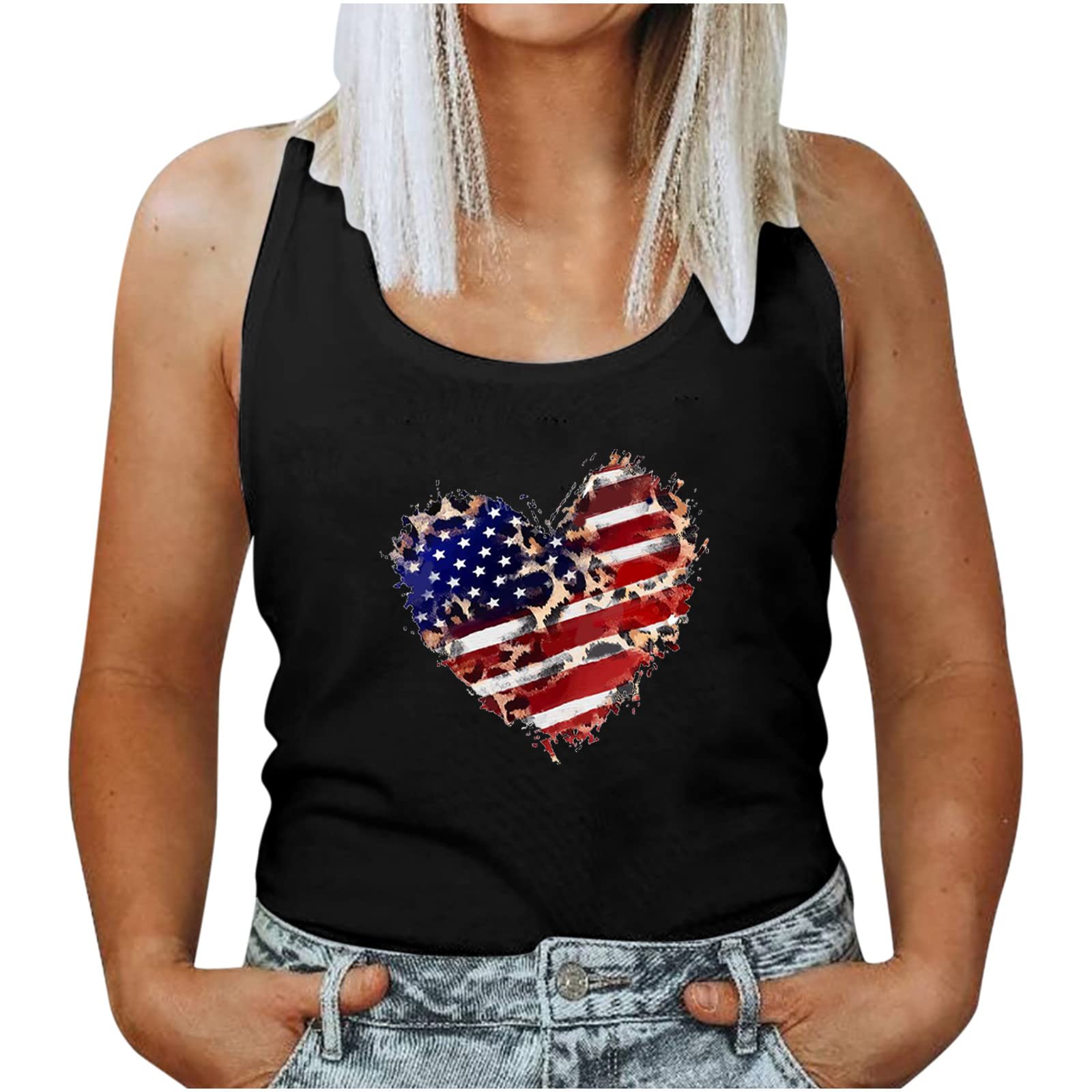 Ruziyoog Women's American Flag Patriotic Stars and Stripes Tank Tops - Sleeveless Summer Casual Yoga Workout Tees for Gym, Beach & Outdoor Activities
