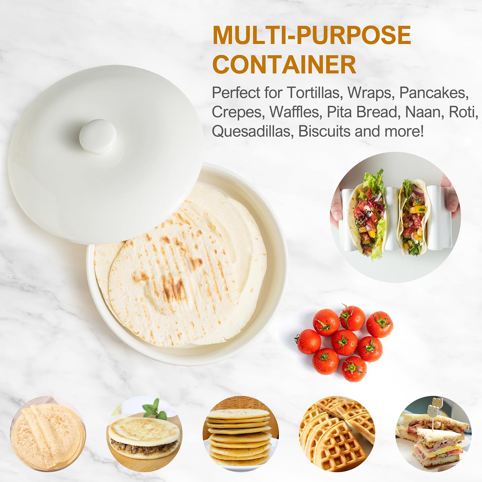 Microwave Safe Tortilla Warmer with Lid - 8.8 Inch Ceramic Taco Holder for Taco Tuesday & Taco Bar - Oven Safe Bread & Pancake Warmer - Perfect for Mexican Food Nights, Breakfast Buffets & Party Serving