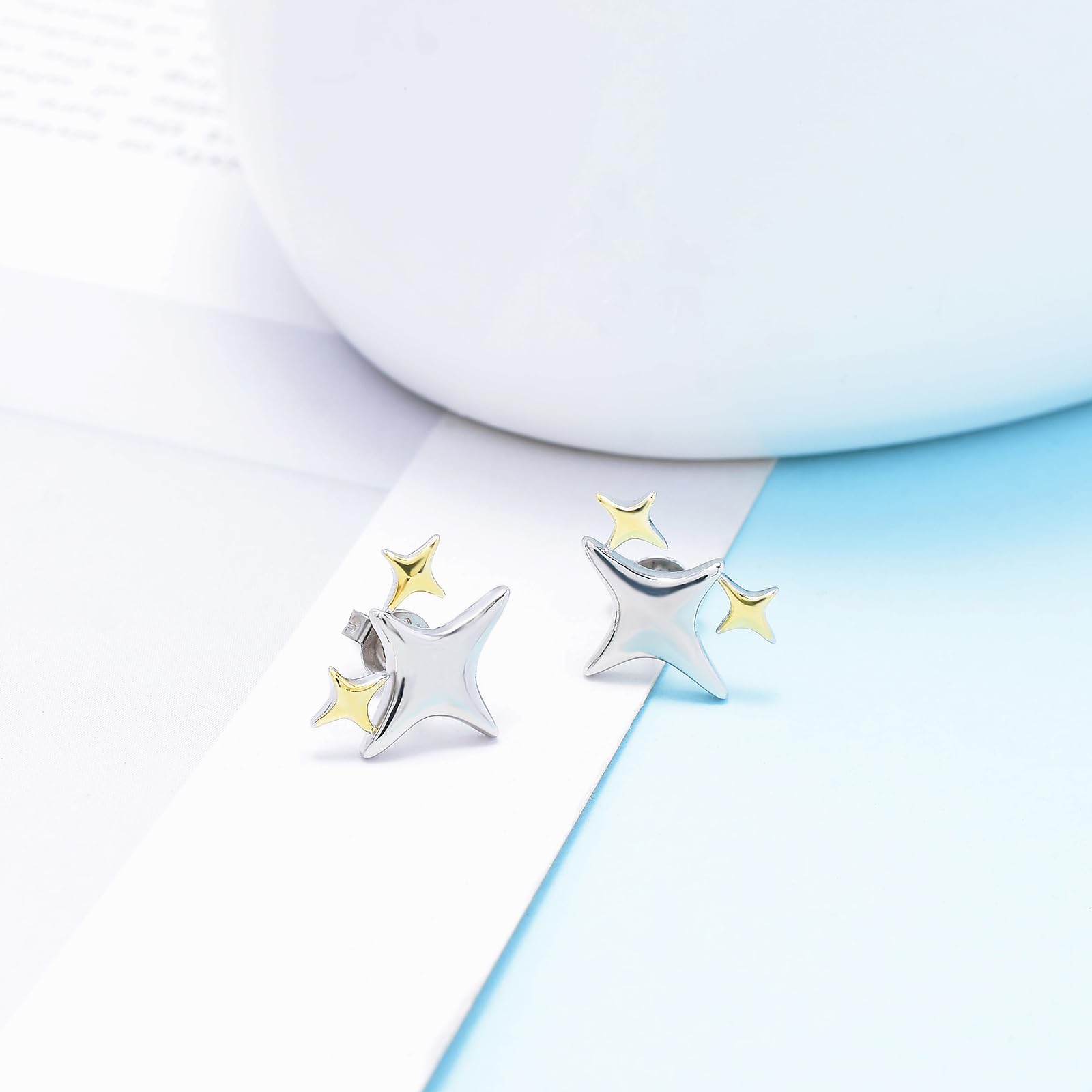 Hypoallergenic Sterling Silver Two-Tone Star Stud Earrings for Women & Teens - Minimalist Star Shaped Post Earrings for Sensitive Ears - Perfect Christmas & Birthday Gift for Her - Everyday Wear & Special Occasions