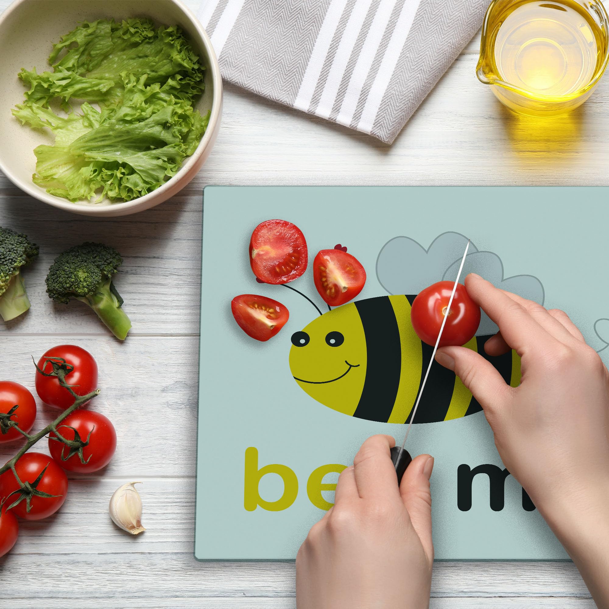 Ambesonne Honey Bee Cutting Board - Bee Mine Romantic Heart-Shaped Wings Design, Decorative Tempered Glass Serving Board for Kitchen & Dining - Large Size in Yellow, Charcoal Grey, Pale Grey & White - Perfect for Valentine's Day Gifts, Anniversary Presents & Home Decor