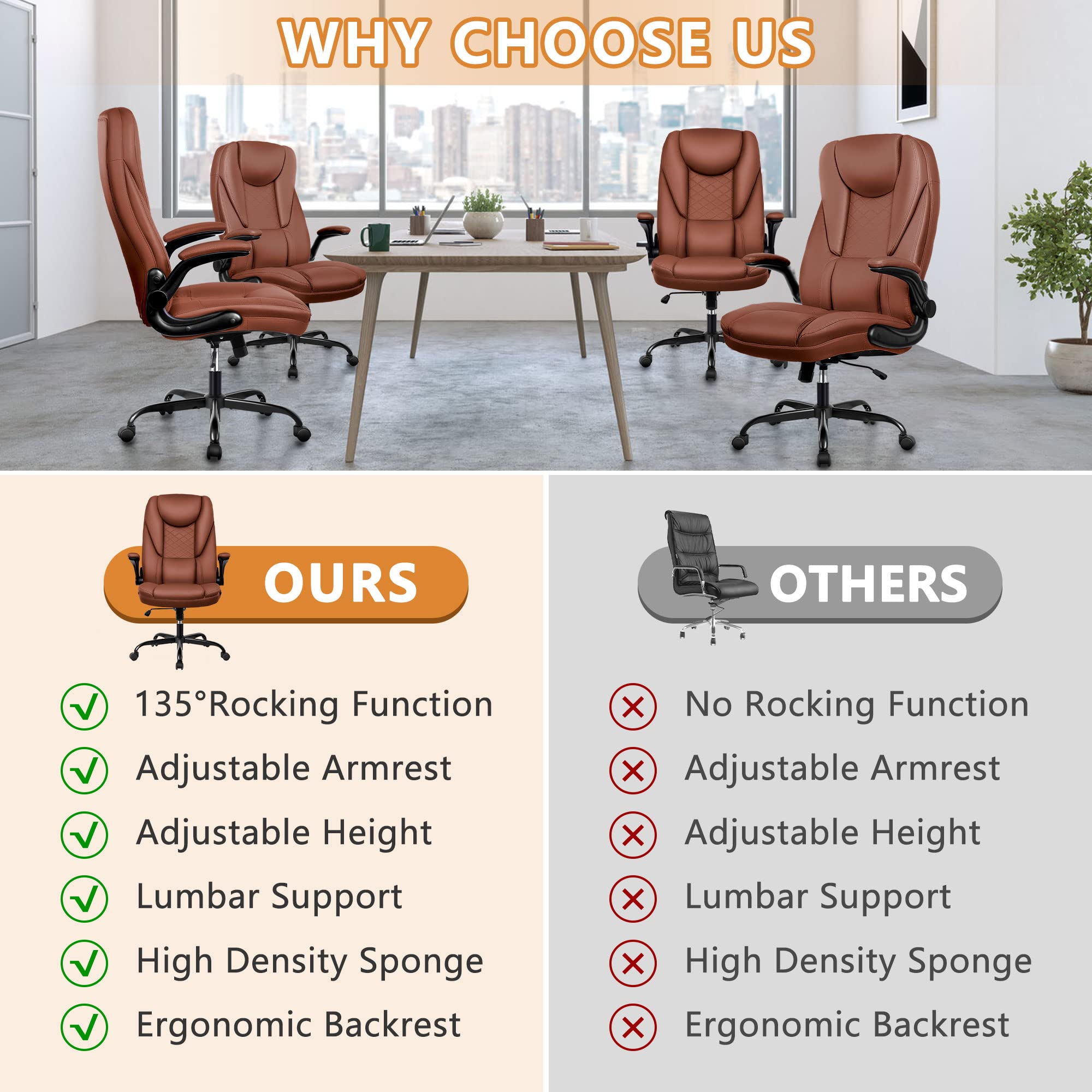 Premium Executive Office Chair - Big and Tall Leather Desk Chair with Flip-Up Arms, High Back & Lumbar Support (Brown) - Ergonomic Comfort for Long Work Hours, Home Office & Conference Rooms