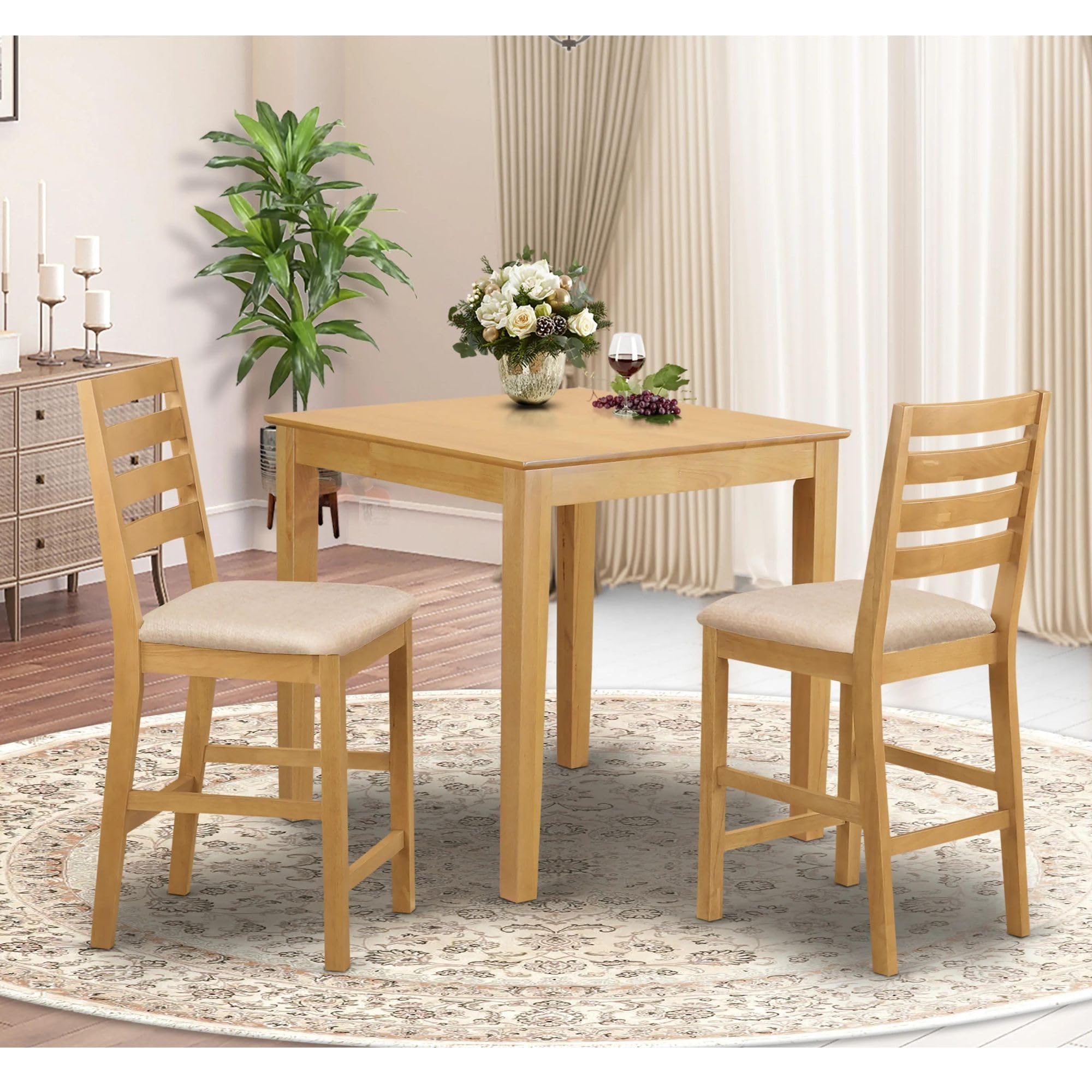 East West Furniture 3-Piece Counter Height Pub Set for Small Spaces - 36x36 Inch Oak Square Kitchen Table & 2 Linen Fabric Bar Stools | Perfect for Breakfast Nooks, Kitchen Islands & Small Dining Areas