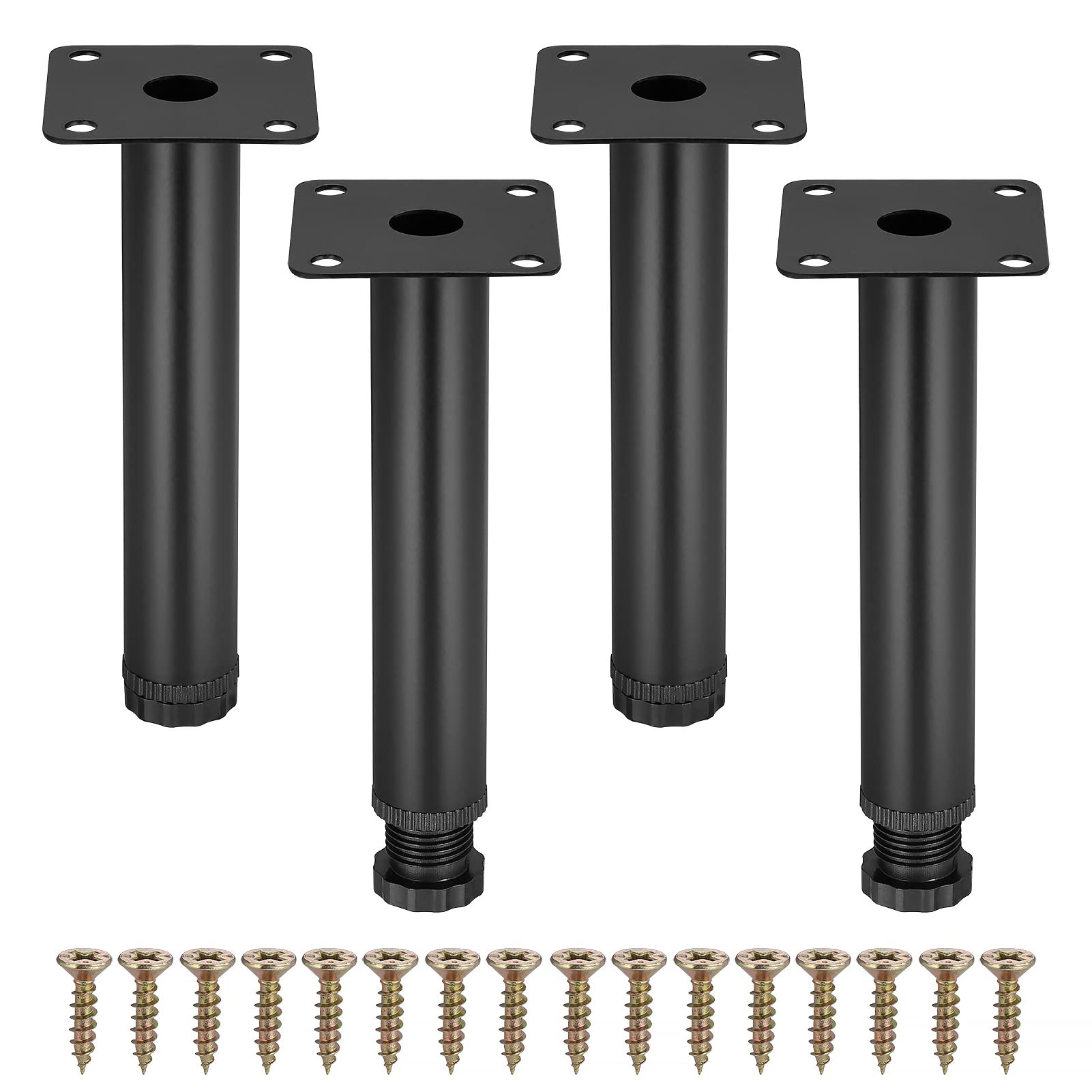 4Pcs 15cm Black Adjustable Furniture Legs with 16 Screws - Metal Leveling Cabinet Feet for DIY Sofa, Table, Chair, Desk & Kitchen Cupboard - Perfect for Home Office, Living Room & Kitchen Furniture Support