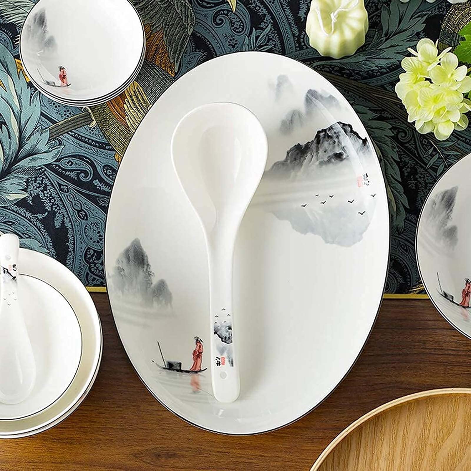 Elegant Black and White Dinnerware Set for 4/6/12 - 35-Piece Chinese-Inspired Tableware with Ancient Ink Painting Design - Perfect for Home, Kitchen, and Formal Dining Occasions