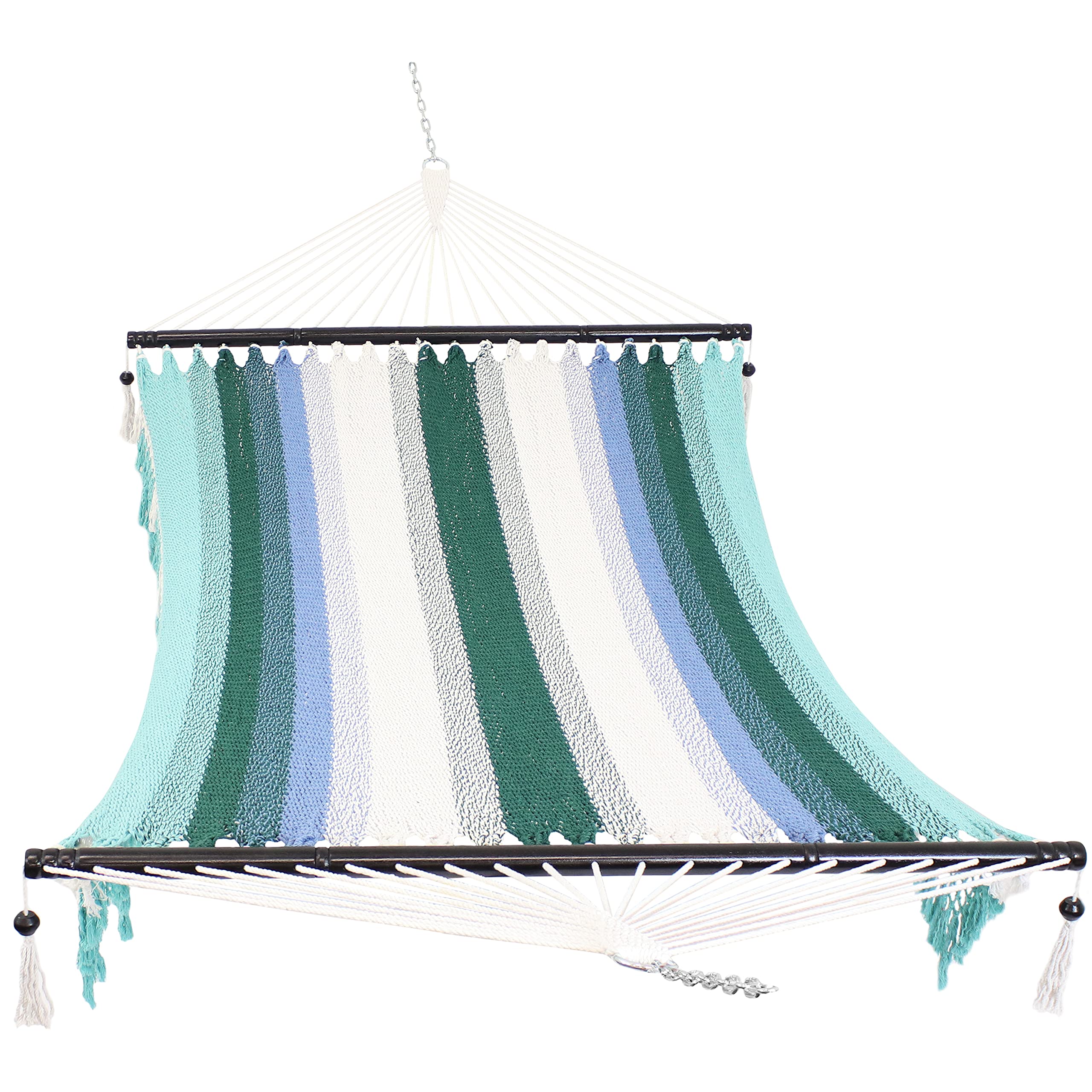 Sunnydaze Woven Double Hammock with Crocheted Edges & Spreader Bars - 600lb Weight Capacity Outdoor Hammock for Trees, Backyard, Camping - Lagoon Stripes Design for Relaxation & Lounging