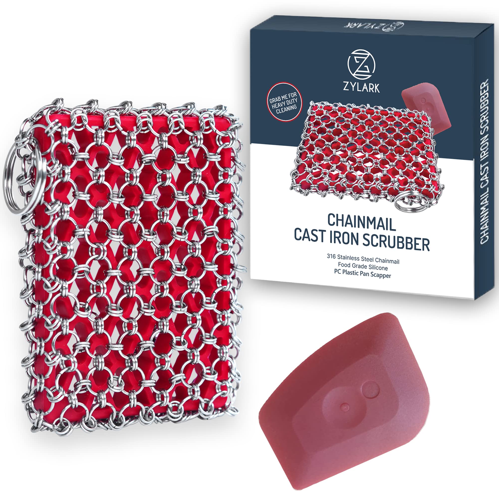 316 Stainless Steel Cast Iron Scrubber Kit with Pan Scraper & Silicone Sponge - Heavy Duty Chainmail Skillet Cleaner for Cast Iron Pans - Dishwasher Safe - Perfect for Camping, Outdoor Cooking & Kitchen Cleaning