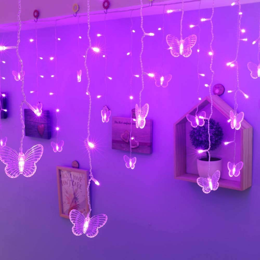 60 LED Butterfly Curtain Lights - 13.1FT USB Powered Fairy String Lights with Remote, 8 Lighting Modes & 12 Decorative Butterflies - Waterproof Twinkle Lights for Bedroom, Christmas, Holiday Party, Wedding, Nursery & Outdoor Decor (Purple)