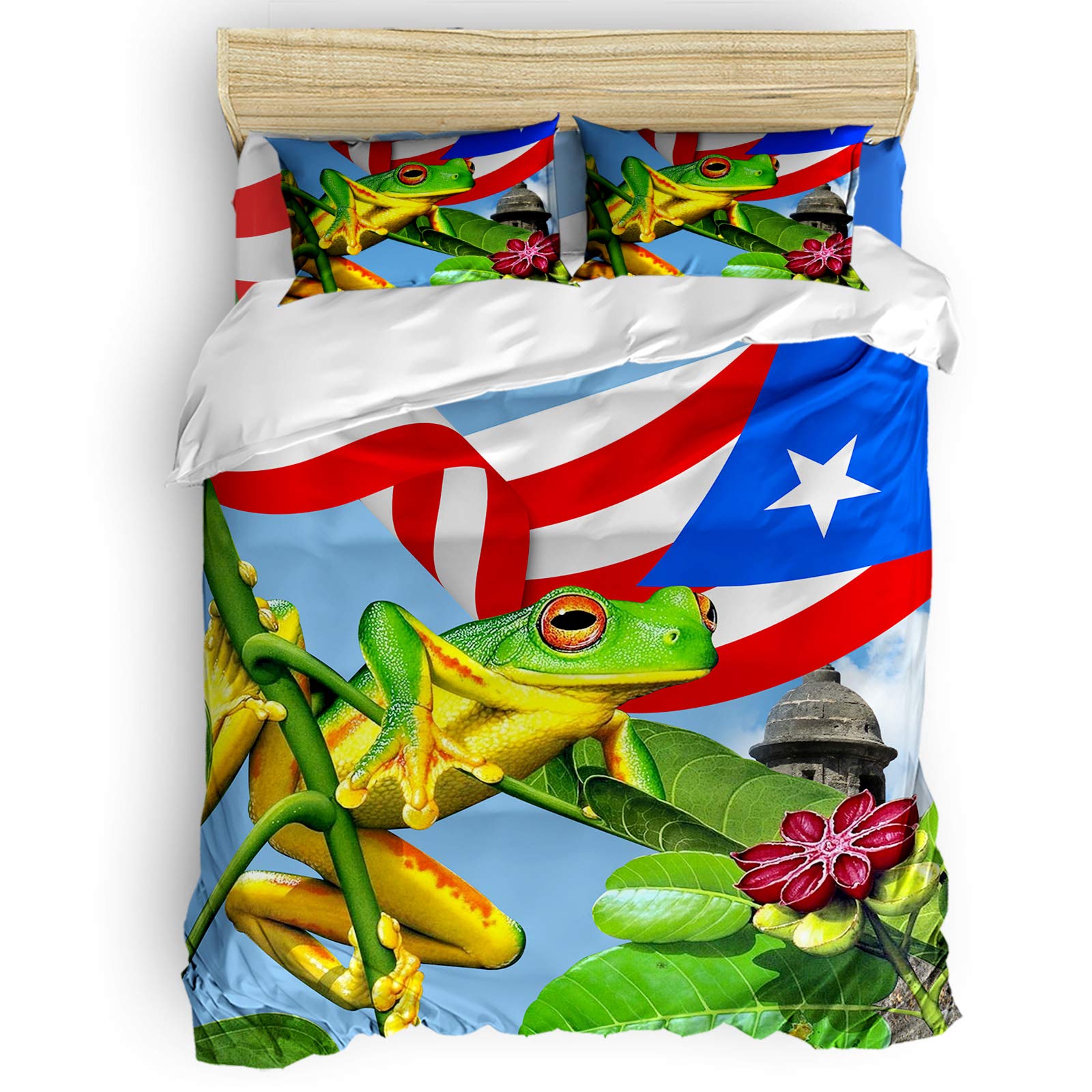 Premium 4-Piece Twin Size Bedding Set - Red Eyes Frog & Puerto Rico Flag Design, Duvet Cover, Fitted Sheet, Pillow Shams - Soft & Comfortable for Teens, Adults, Dorm Room, College Students - Perfect for Home, Bedroom Decor, Gift Idea