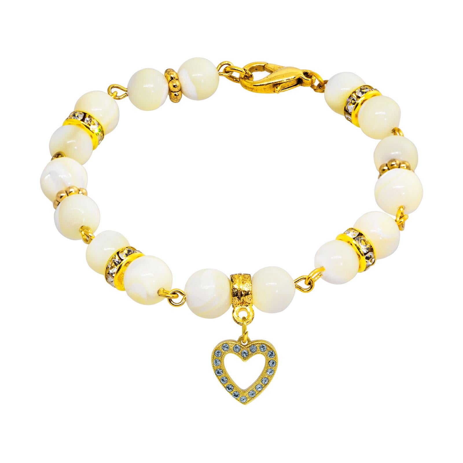 1928 Jewelry Mother of Pearl Crystal Birthstone Heart Charm Bracelet - Elegant Gift for Women, Birthday, Anniversary & Special Occasions | Perfect for Everyday Wear & Formal Events