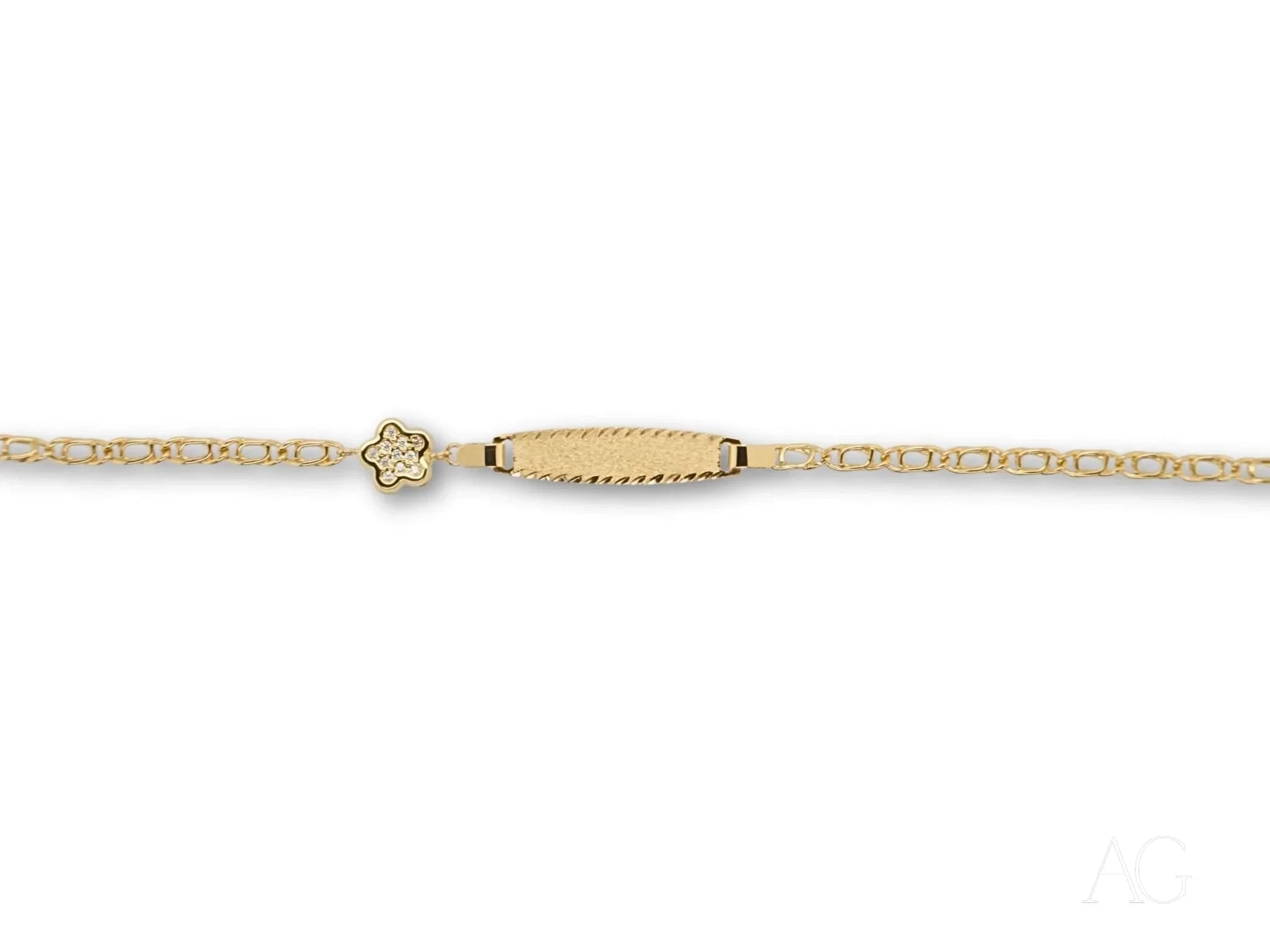 18K Gold Kids ID Bracelet with Floral Motif & Spring Ring Lock - Personalized Name Jewelry Gift for Girls & Boys, Birthday & Special Occasions
