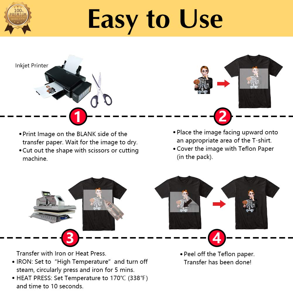 Glow in the Dark Heat Transfer Paper for Dark T-Shirts - 10 Sheets (8.5x11'') - Printable Iron On Transfers for Inkjet Printers - Perfect for DIY Custom T-Shirts, Hoodies & Nighttime Party Apparel