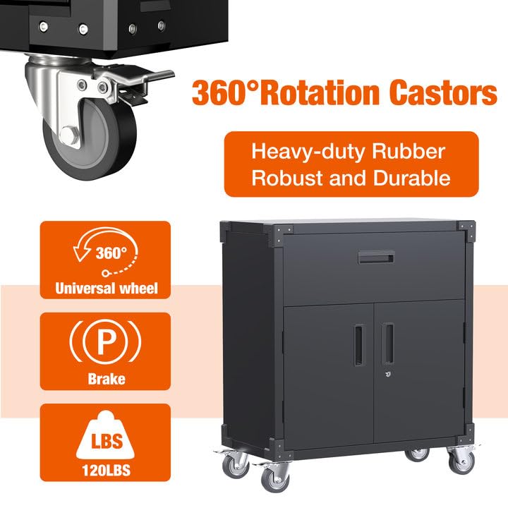 Heavy-Duty Metal Garage Storage Cabinet with Wheels - 2 Doors & 1 Drawer Mobile Steel Utility Cabinet for Garage, Workshop, Home & Office Organization - Easy Assembly (Black) | Perfect for Tools, Cleaning Supplies & Home Storage Solutions
