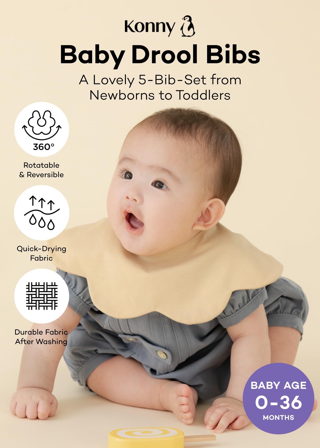 Konny Baby Bibs 5-Pack - 360° Rotating Soft & Absorbent Bandana Drool Bibs for Boys & Girls - Essential Baby Feeding & Teething Accessories for Mealtime, Playtime & Drool Protection
