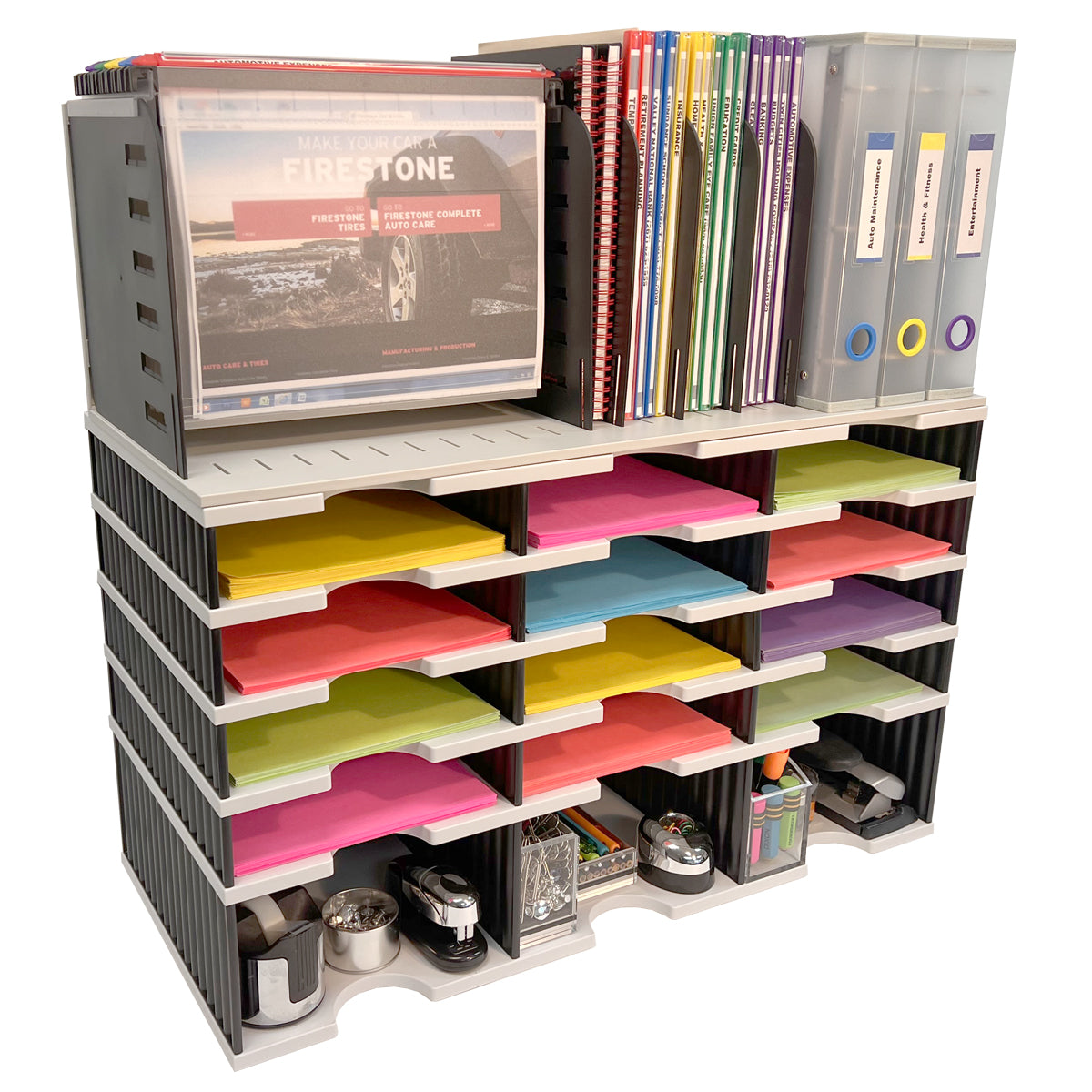 12-Letter Desktop Organizer with Riser Base & Vertical File Topper - Modular Office Tray Sorter for Documents, Forms, Books & Binders | Perfect for Home Office, Workspace & School Organization