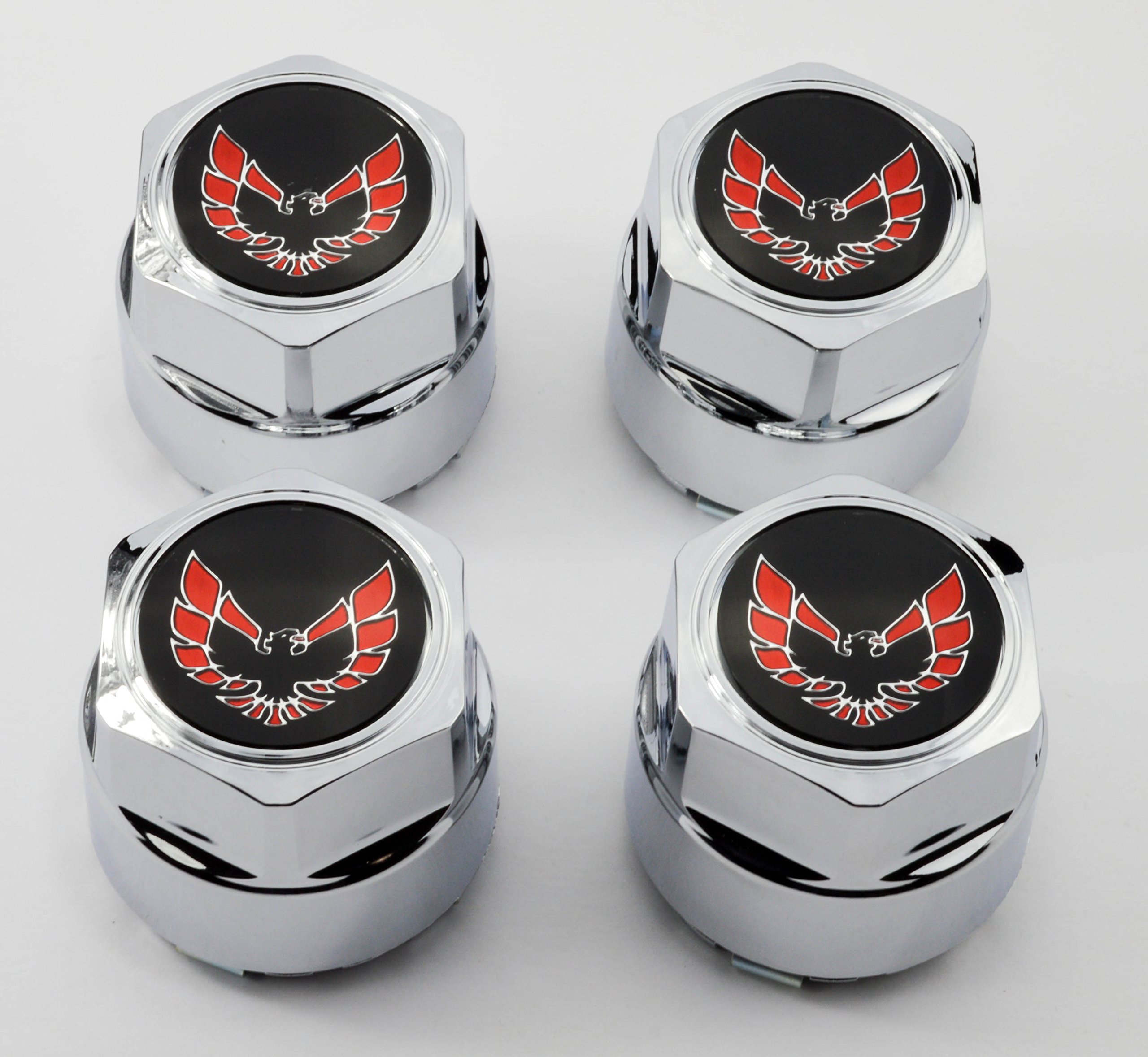 Set of 4 New 77-81 Pontiac Firebird Trans Am TA Snowflake Turbo Wheel Chrome Center Caps with Red Bird Logo - Perfect for Classic Car Restoration & Vintage Auto Enthusiasts