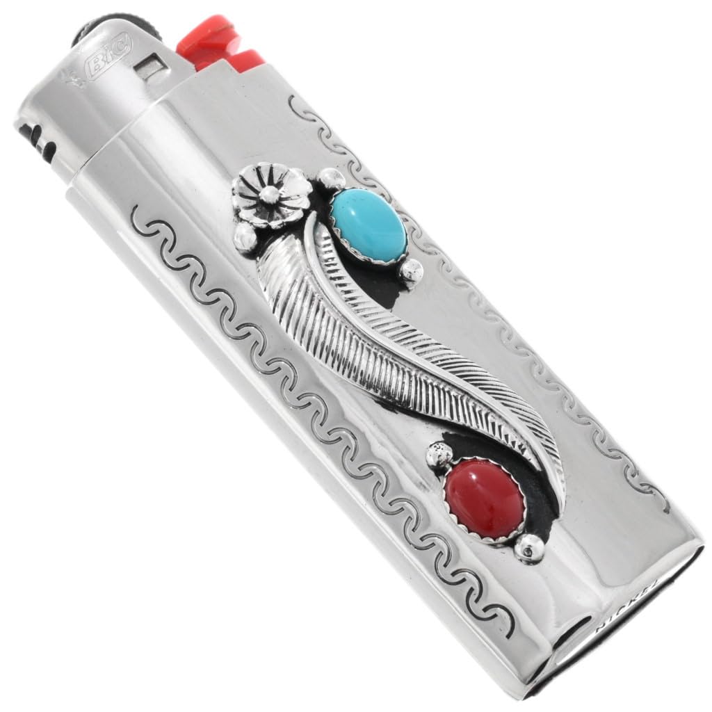 Authentic Navajo Turquoise Coral Silver Lighter Case Cover - Handcrafted Southwest Style Accessory - Perfect for Collectors, Smokers & Western Decor