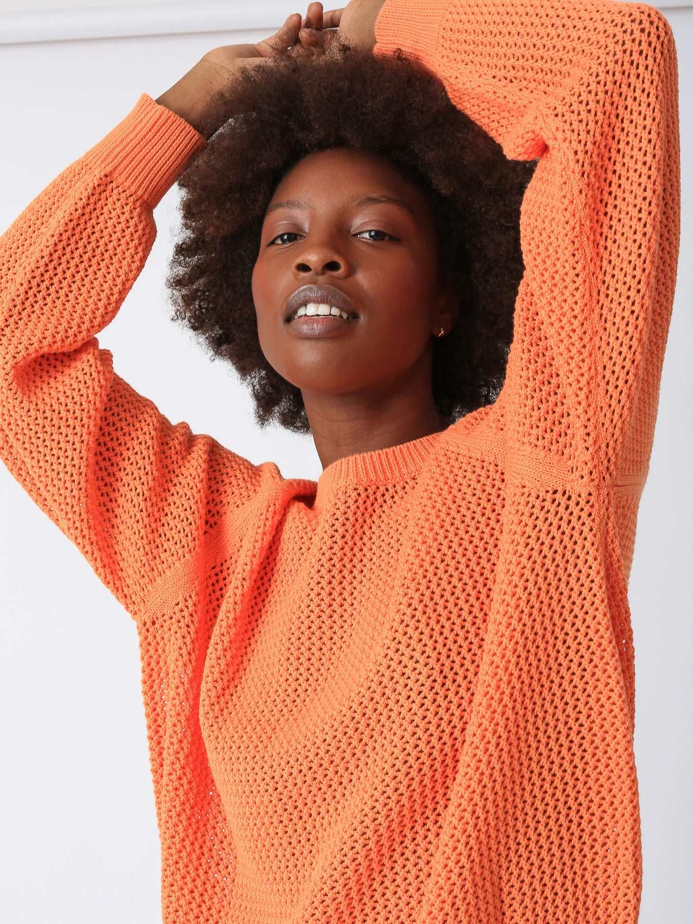 Electric & Rose Women's Chloe Open Knit Long Sleeve Sweater - Tangerine Orange | Cozy Fall & Winter Fashion | Perfect for Casual Outings & Office Wear