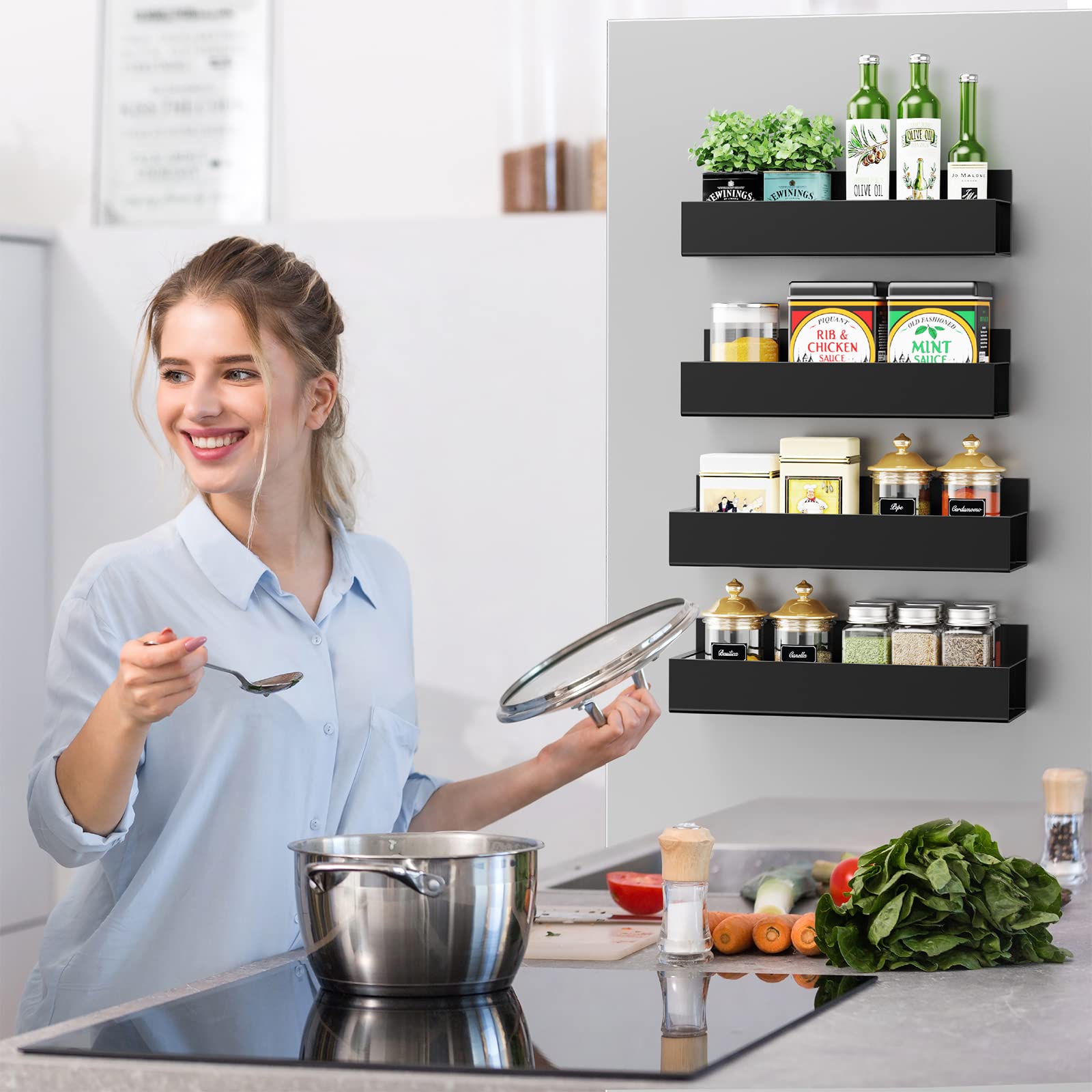 4 Pack Adjustable Magnetic Spice Racks for Refrigerator - Strong Metal Black Spice Organizer - Perfect for Kitchen, Pantry & Small Space Storage